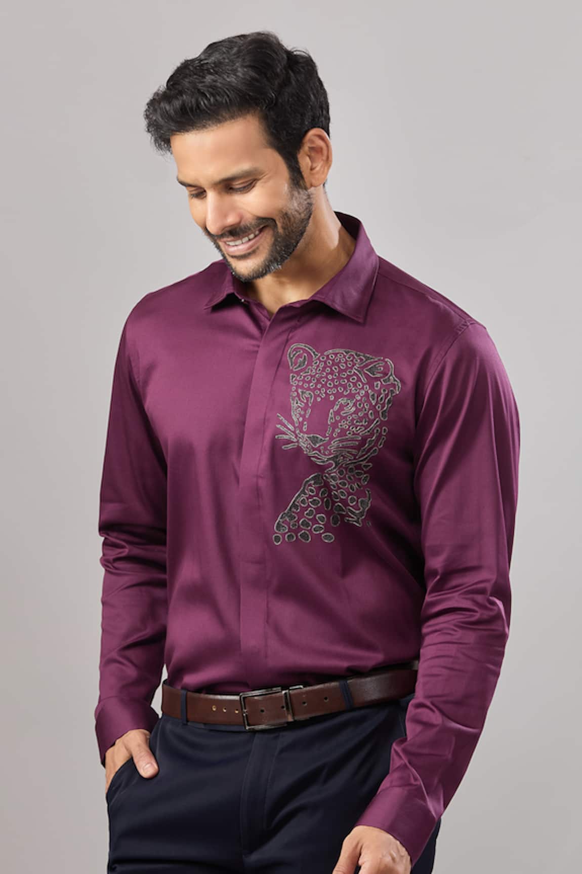 Aariyana Couture Leopard Placement Embroidered Casual Shirt 
