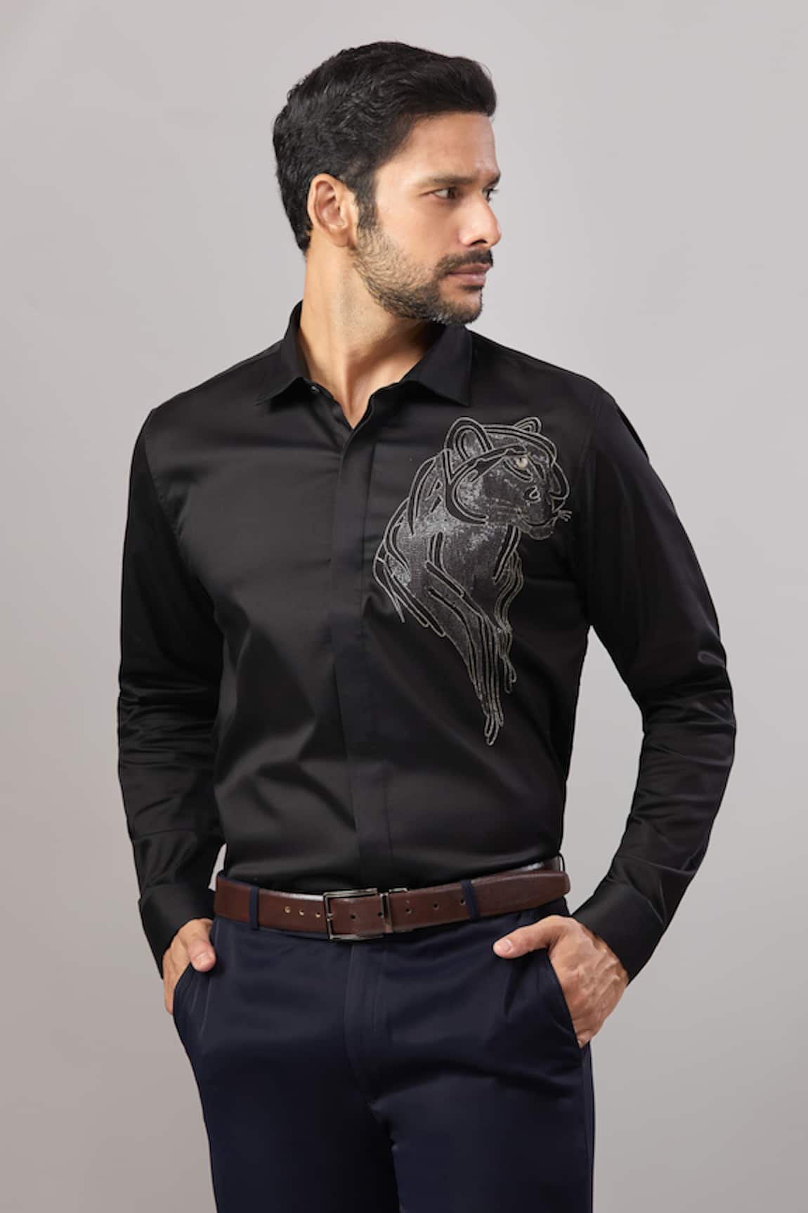 Aariyana Couture Panther Placement Embroidered Casual Shirt 