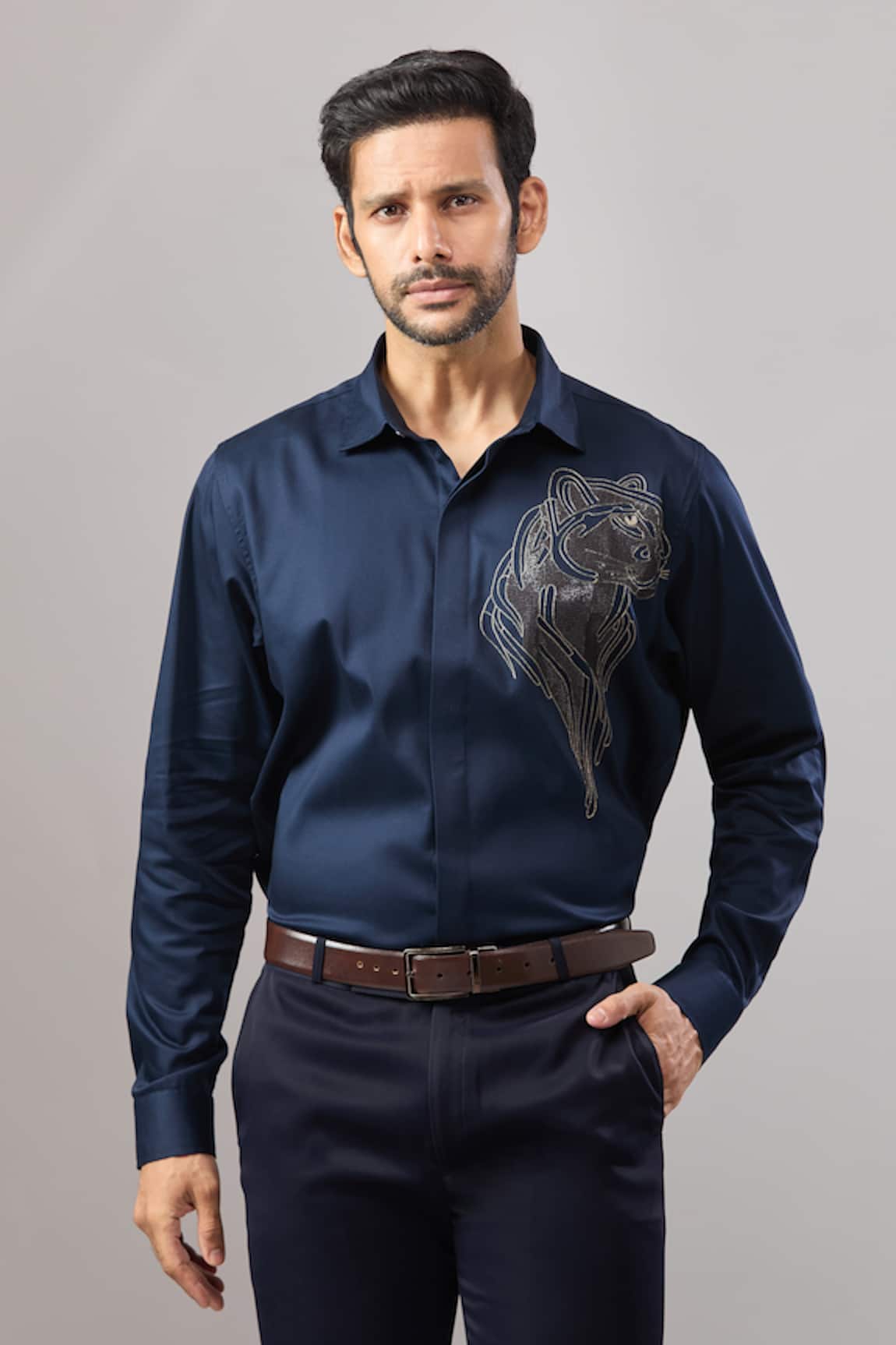 Aariyana Couture Big Panther Placement Embroidered Shirt 