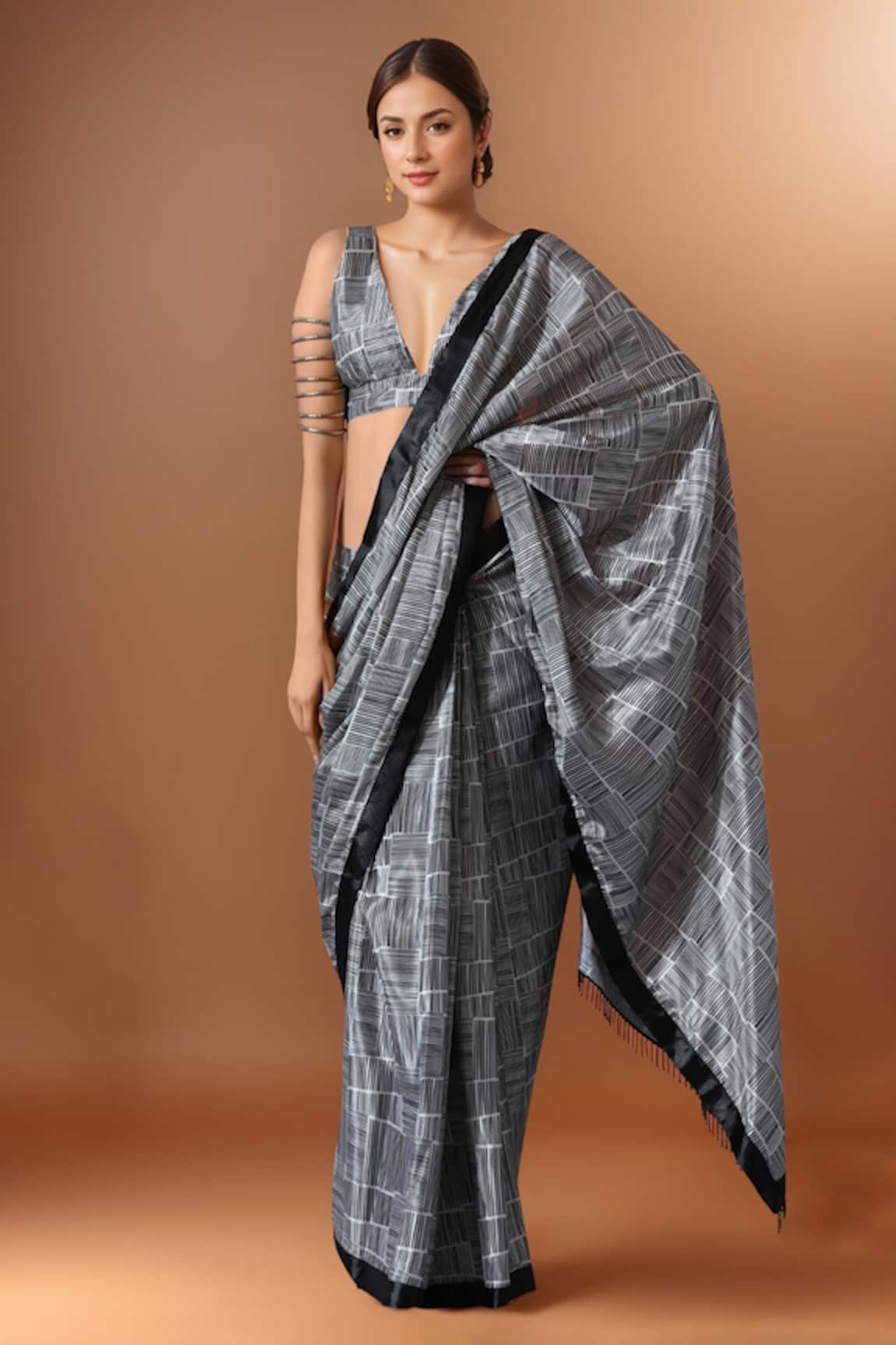 Samyukta Singhania Black & White Printed Pre-Draped Saree Set 