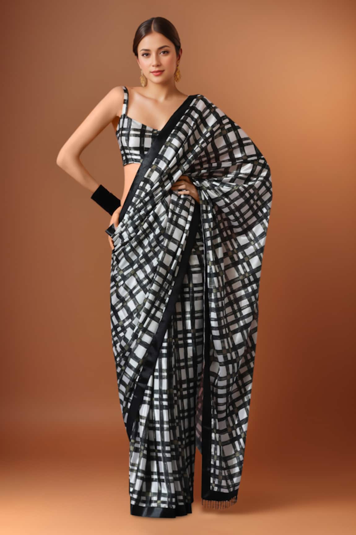 Samyukta Singhania Black & White Printed Pre-Draped Saree Set 