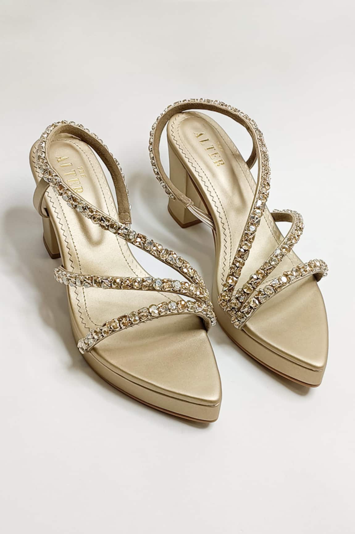 THE ALTER Embellished Light Gold Platform Block Heels 