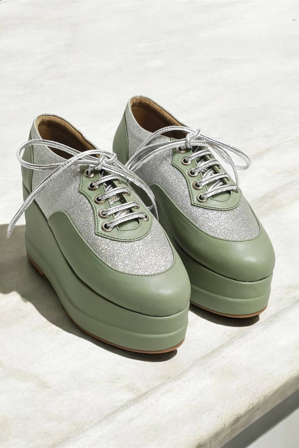 THE ALTER Mint Green Shimmer Platform Sneakers 