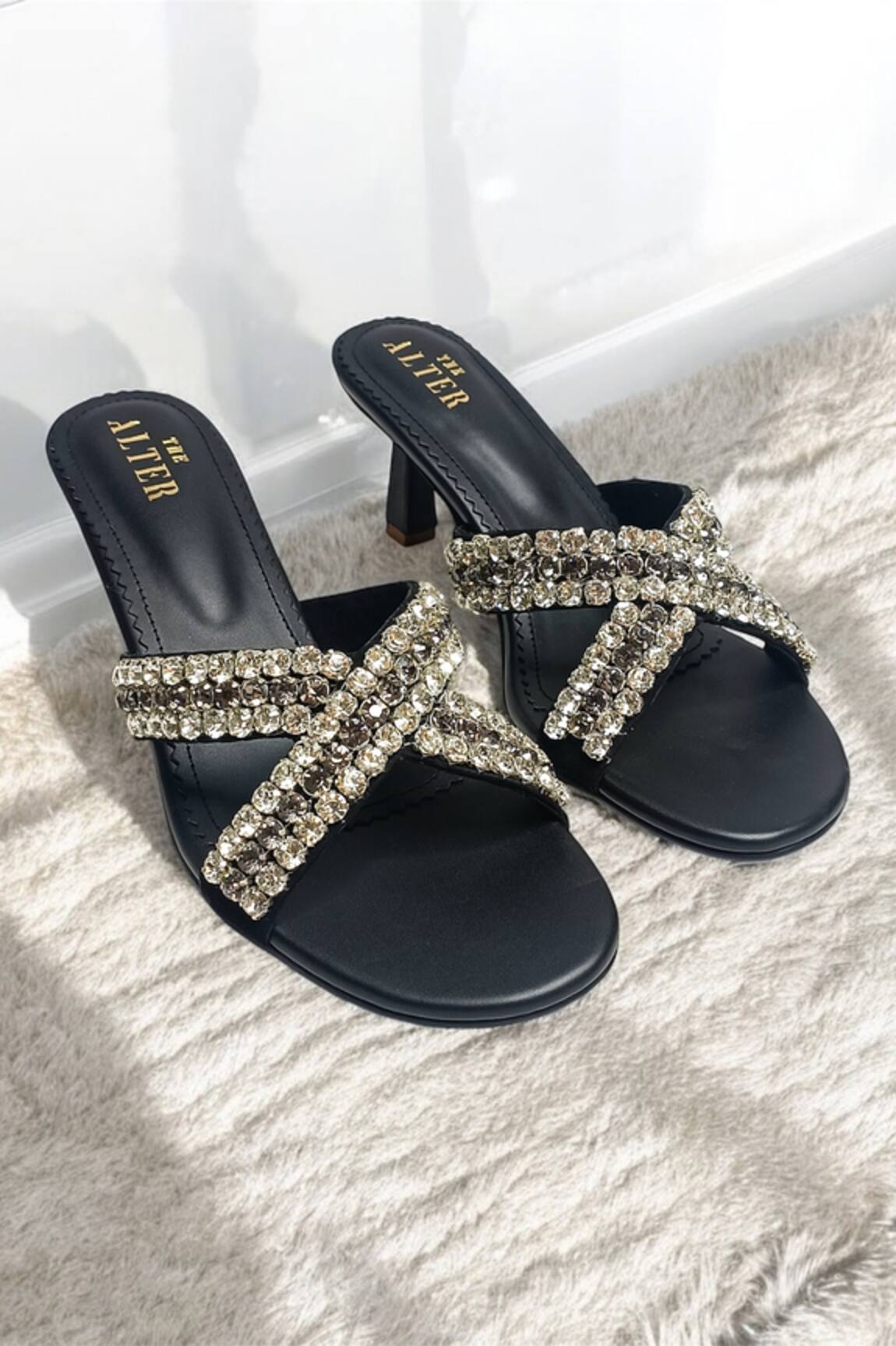 THE ALTER Black Criss Cross Embellished Stilettos 