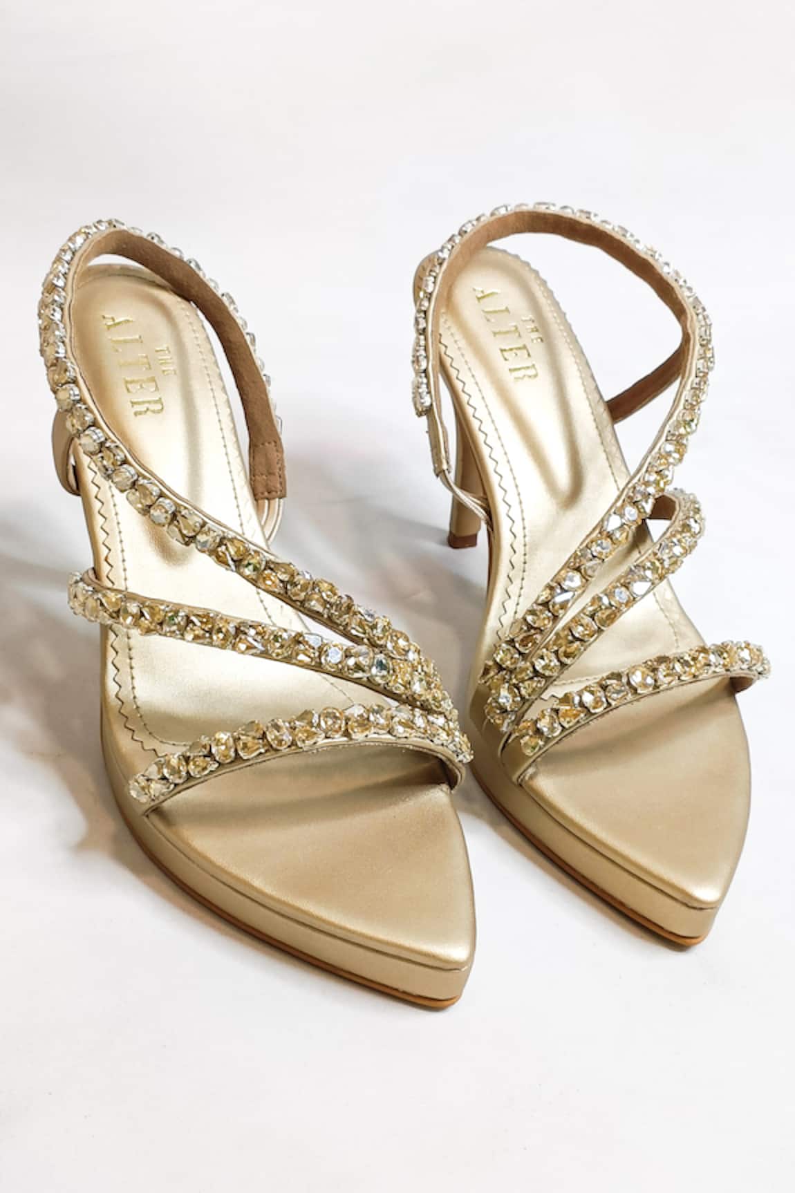 THE ALTER Embellished Light Gold Platform Stilettos 