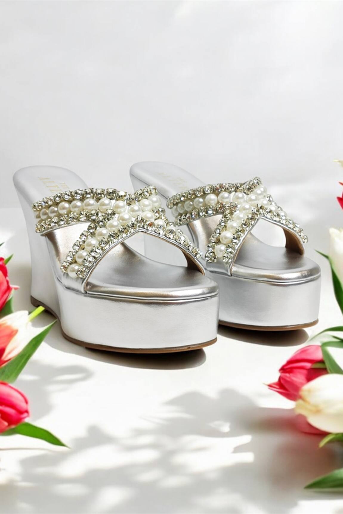 THE ALTER Silver Embellished Criss Cross Wedges 