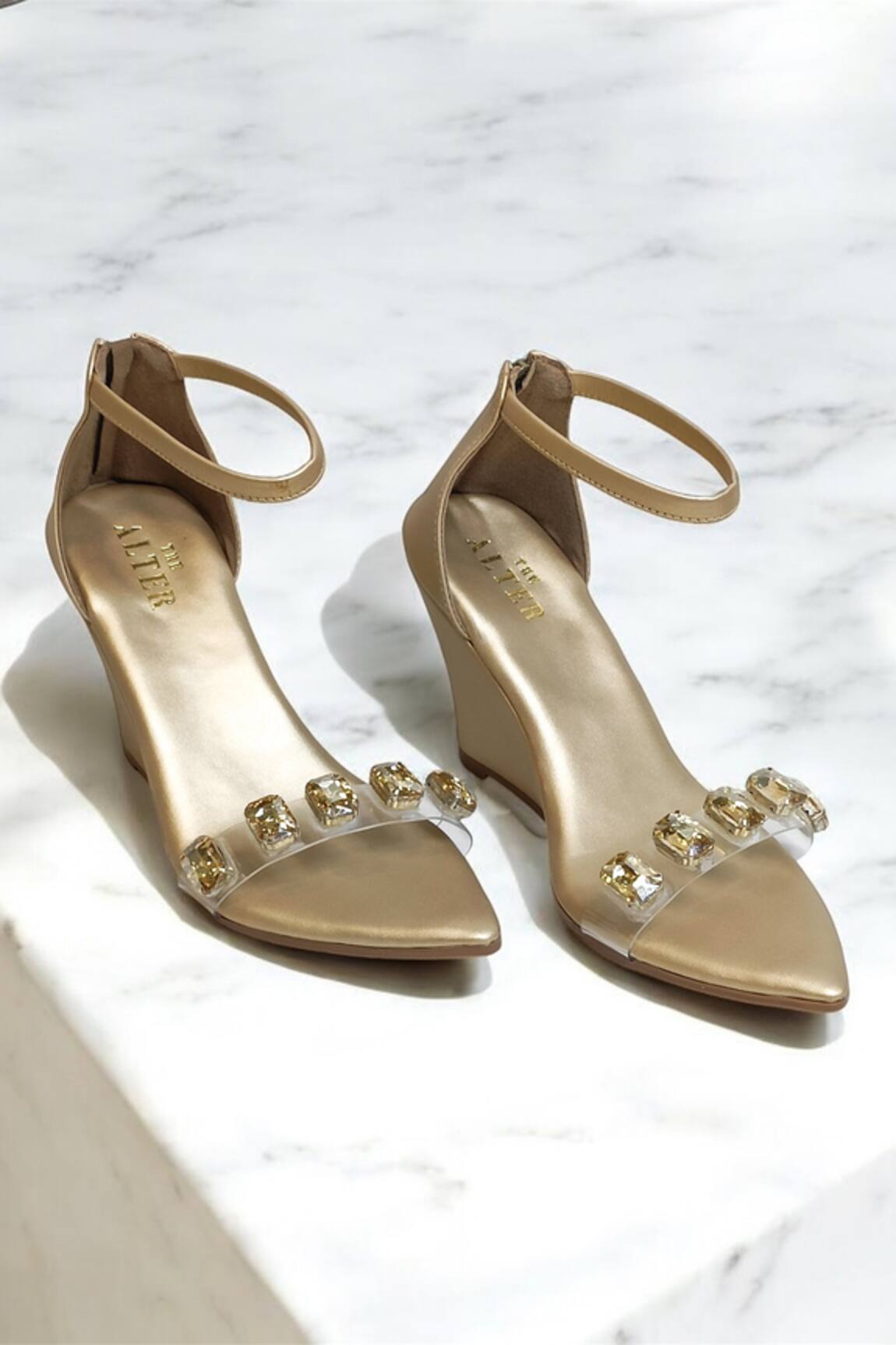 THE ALTER Gold Embellished Clear Strap Wedges 