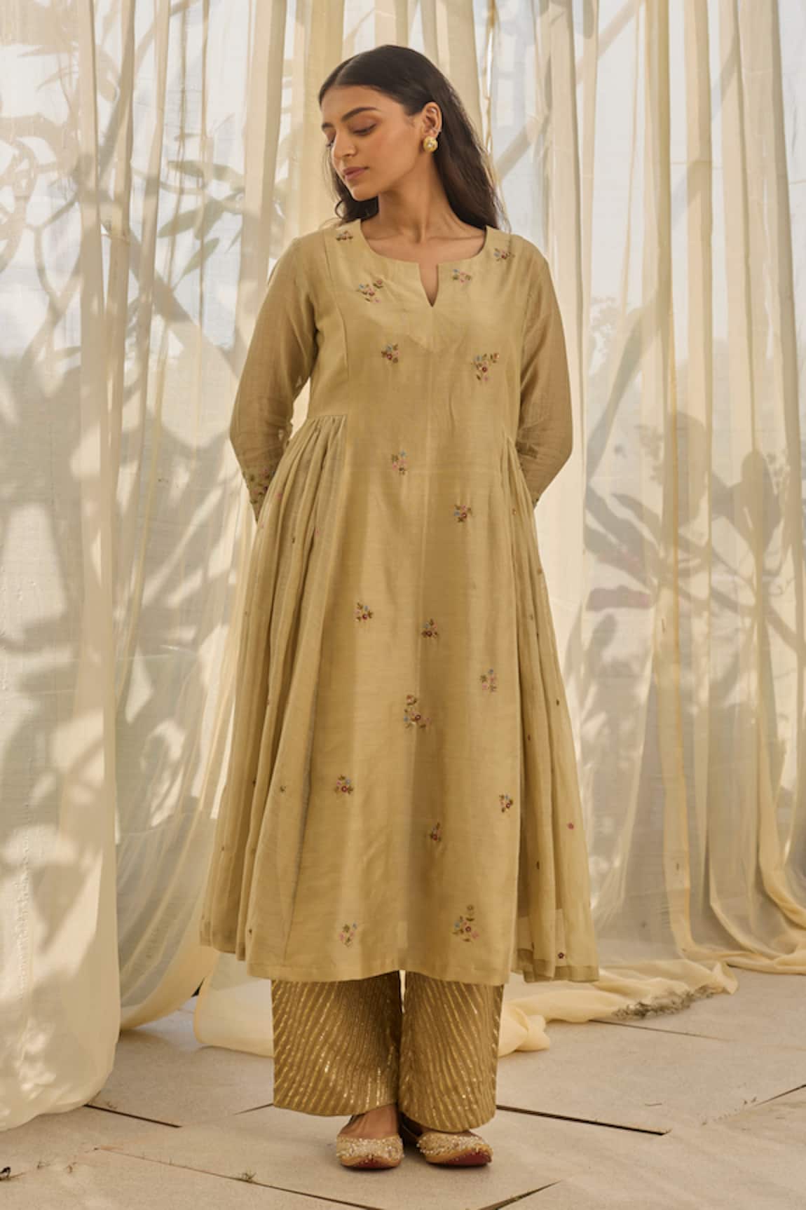 Rhua Almond Green Chanderi Anarkali Set 