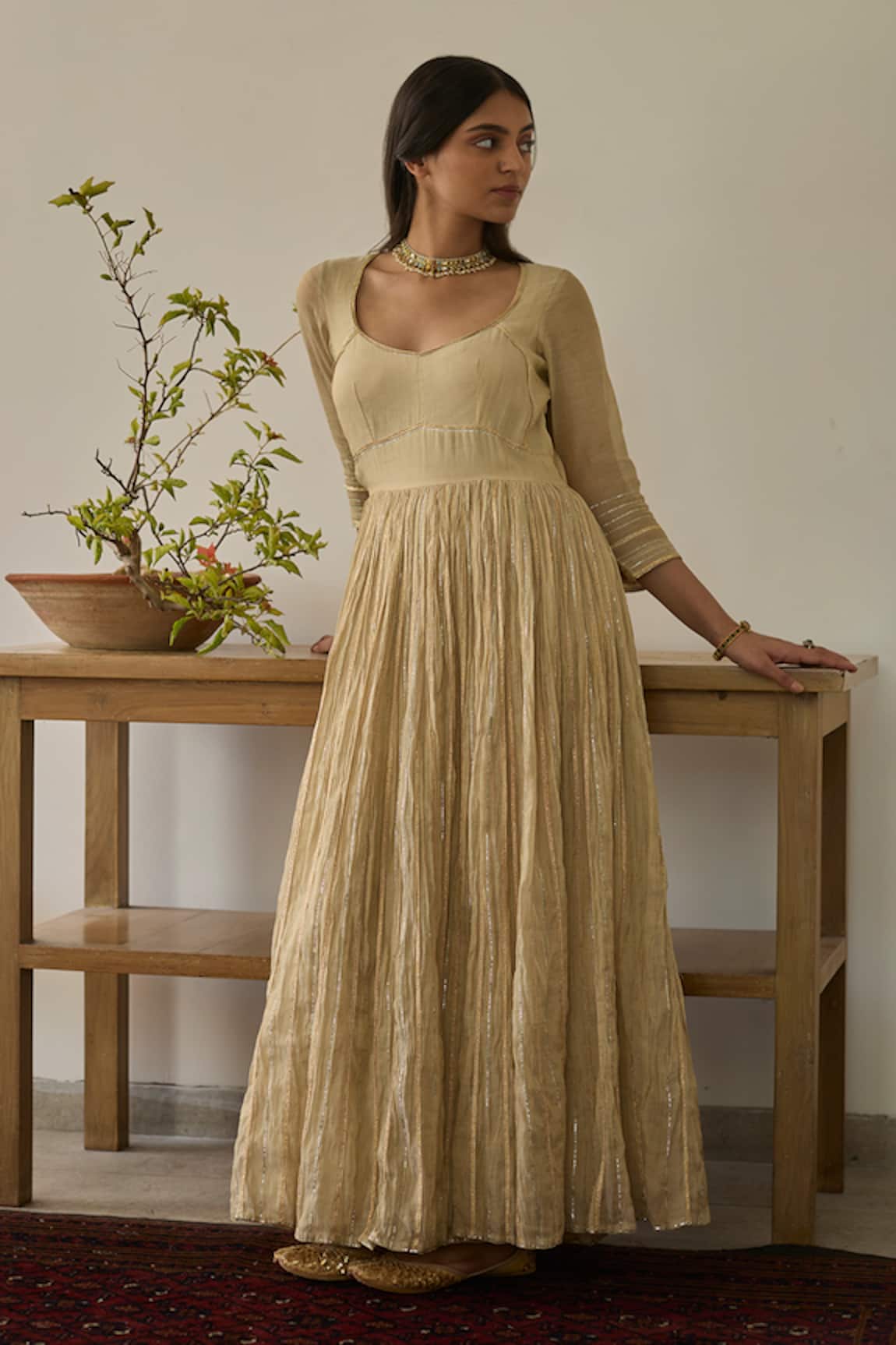 Rhua Almond Gold Chanderi Anarkali Set 
