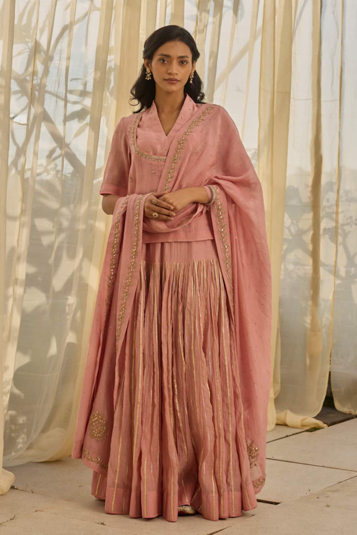 Rhua Soft Pink Gota-Lined Kurta Lehenga Set 