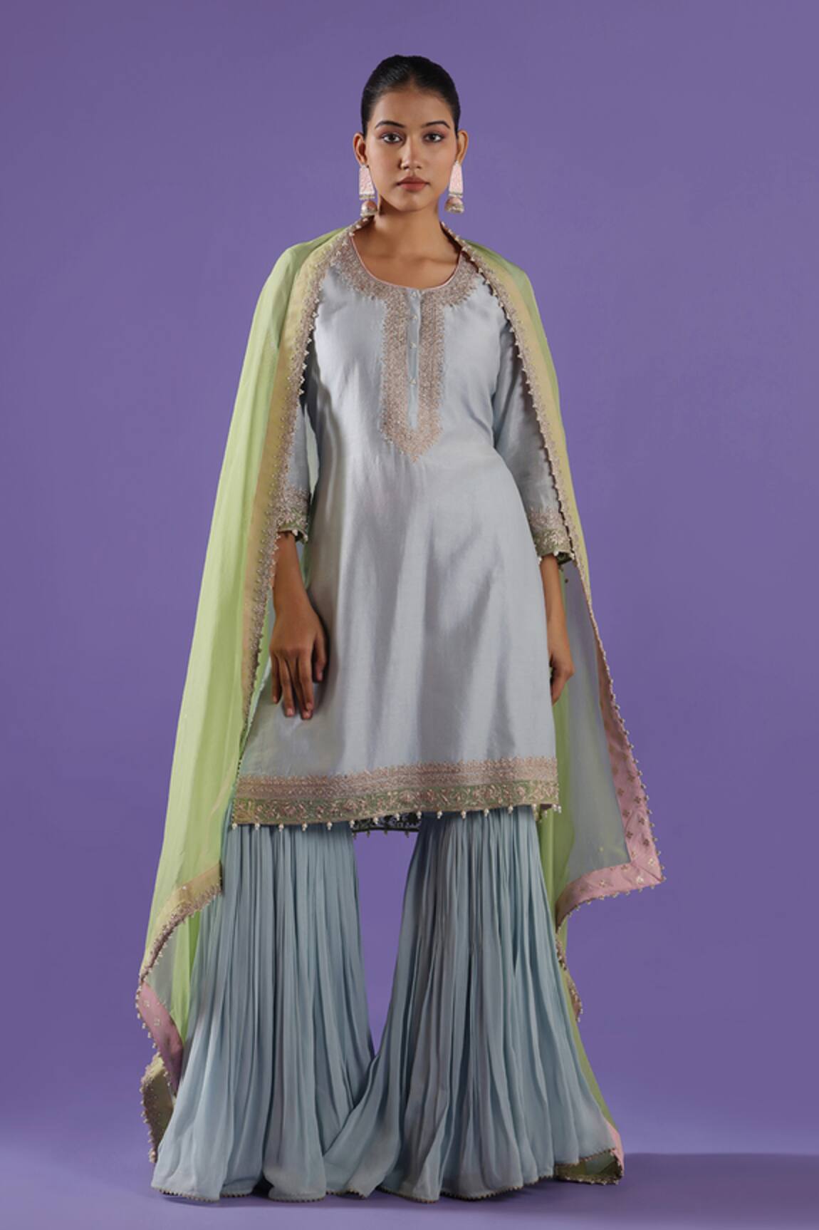 LABEL RADINI Mist Blue Chanderi Embroidered Sharara Set 