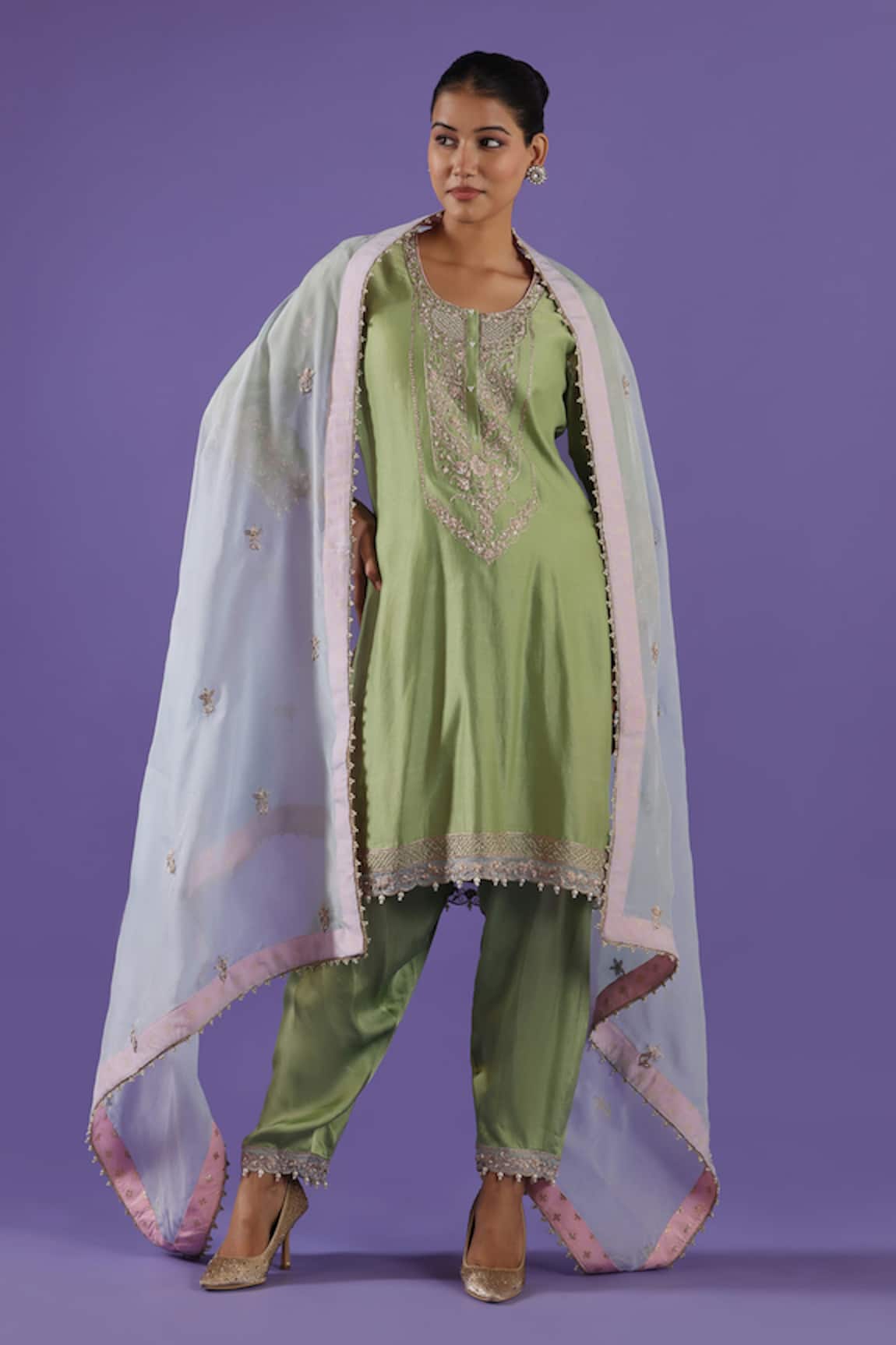 LABEL RADINI Mint Green Choga Chanderi Zari Pearl Set 