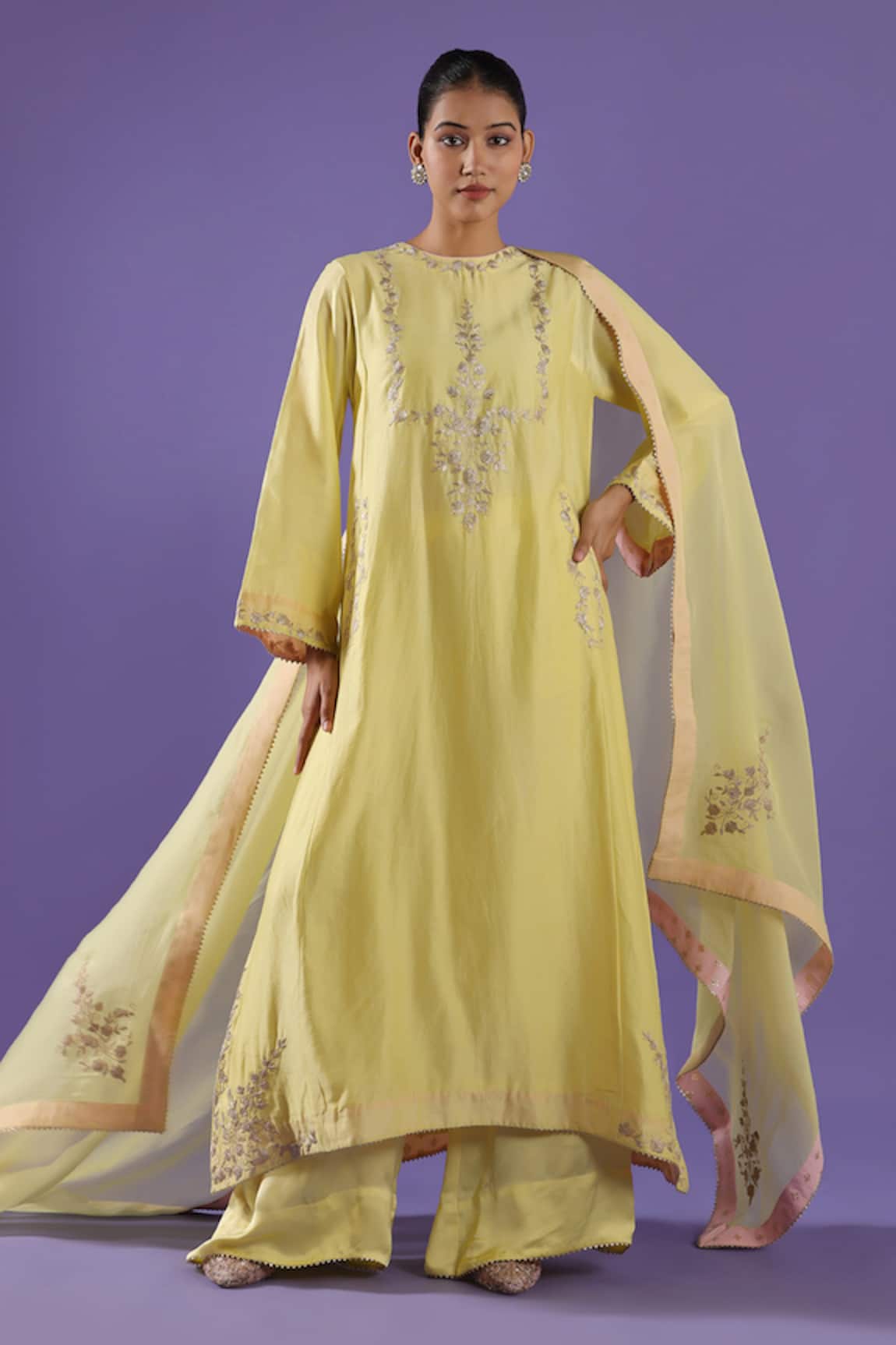 LABEL RADINI Lemon Chanderi Palazzo & Choga Kurta Set 