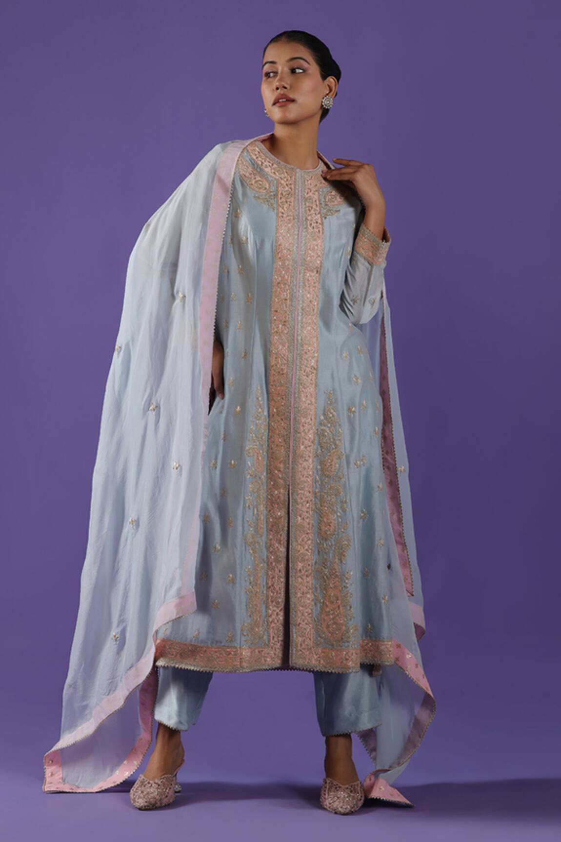 LABEL RADINI Pastel Blue Chanderi Embroidered Kurta Set 