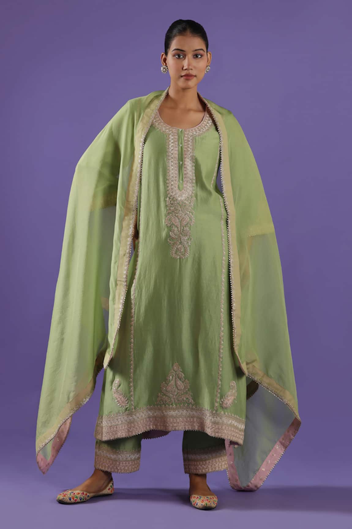 LABEL RADINI Mint Green Chanderi Embroidered Kurta Set 