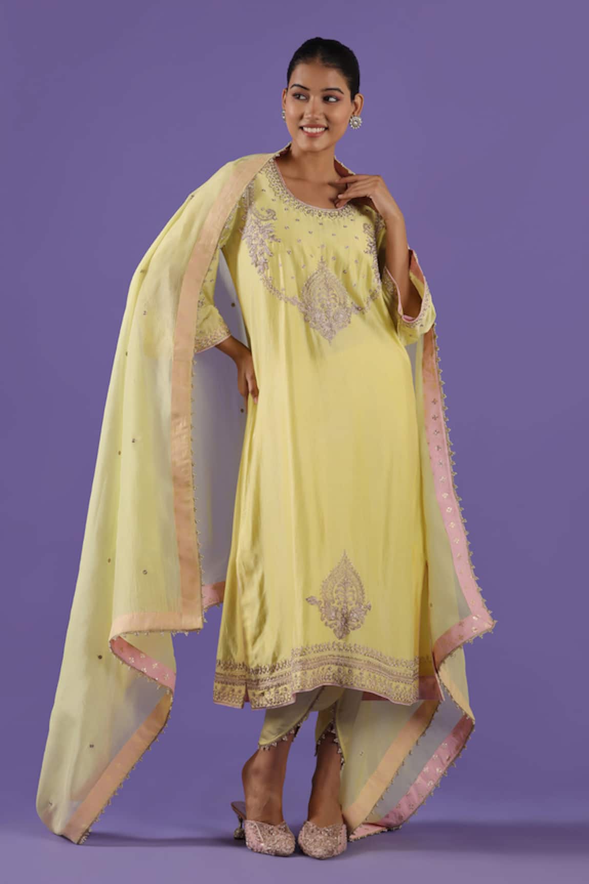 LABEL RADINI Lemon Aari Pearl Dhoti Kurta Set 
