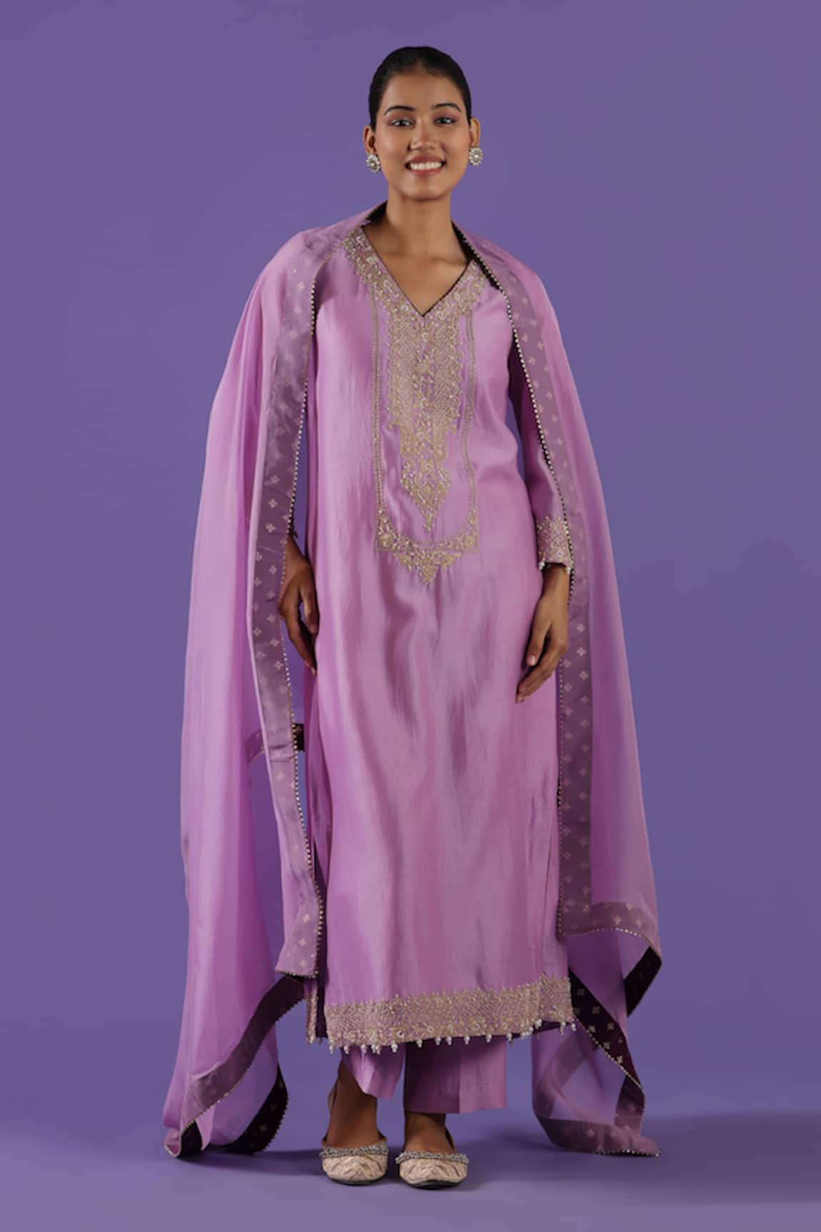 LABEL RADINI Lilac Chanderi Embroidered Kurta Set 