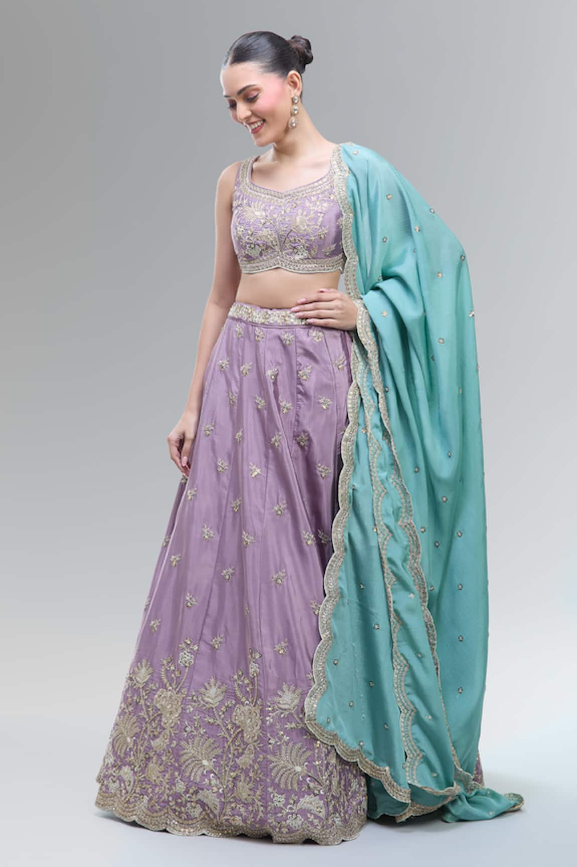 Samyukta Singhania Lavender Satin Embroidered Lehenga Set 