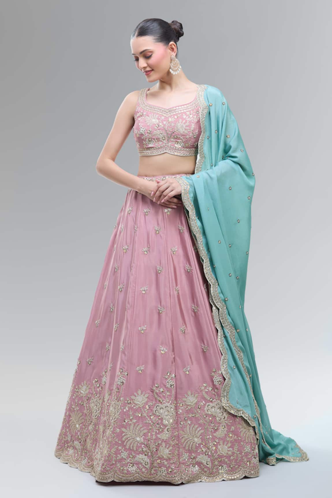 Samyukta Singhania Pink Embroidered Satin Lehenga Set 