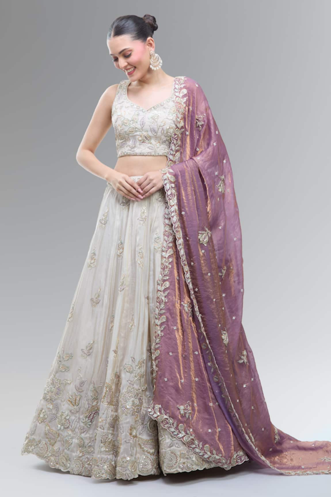 Samyukta Singhania Classic Cream Lehenga Set with Purple Dupatta 