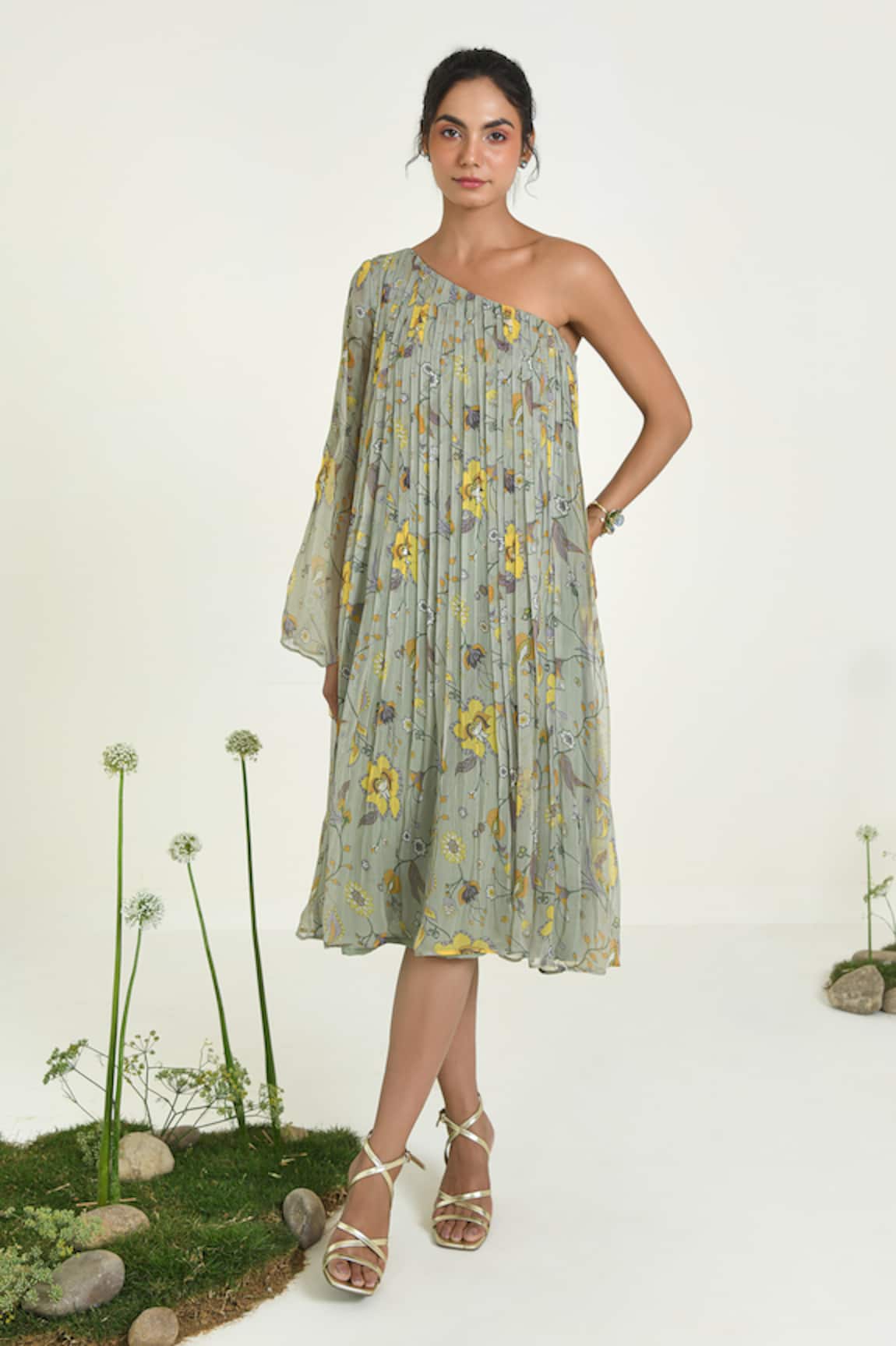 Baise Gaba Floral Chiffon One-Shoulder Midi Dress 