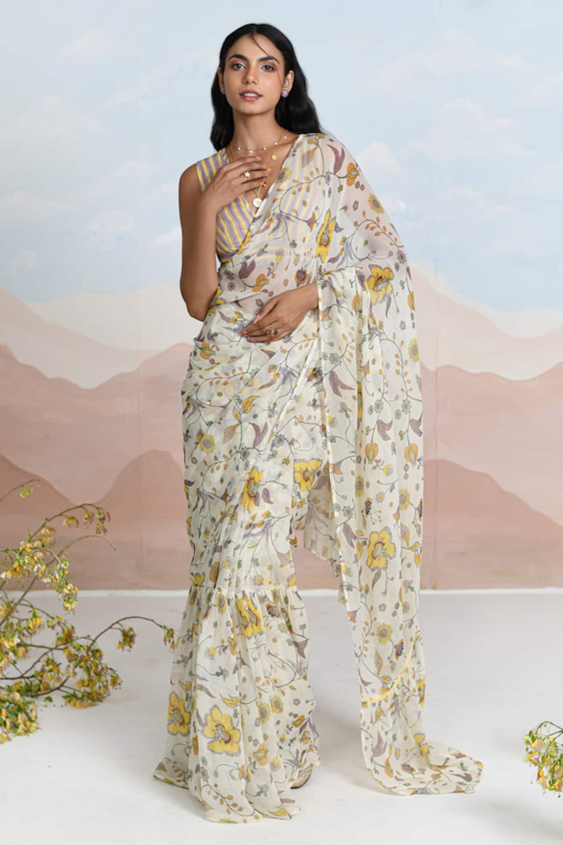 BAISE GABA Sundrenched Floral Chiffon Saree Set 