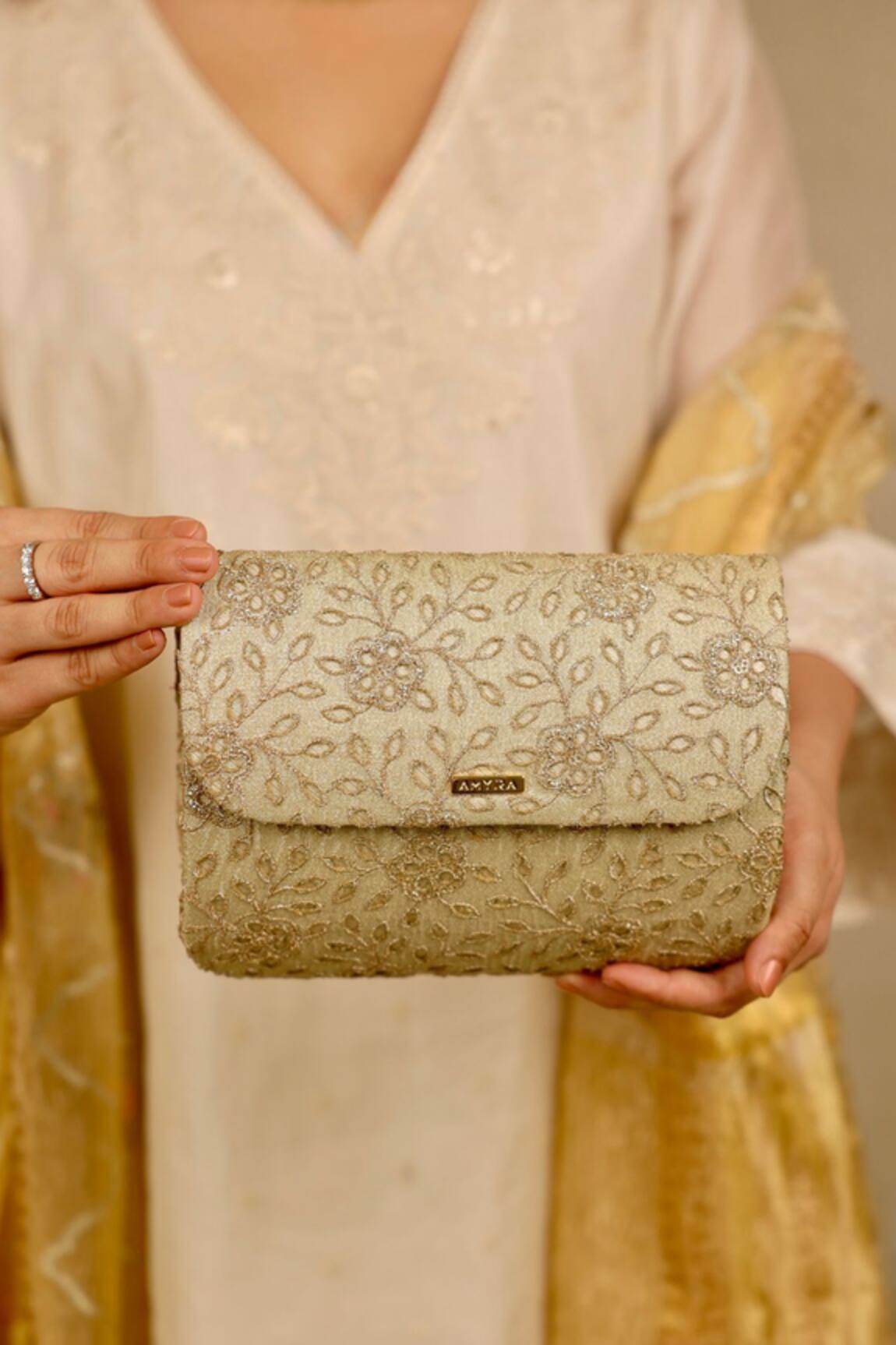 AMYRA Tarang Flapover Clutch - Light Gold 