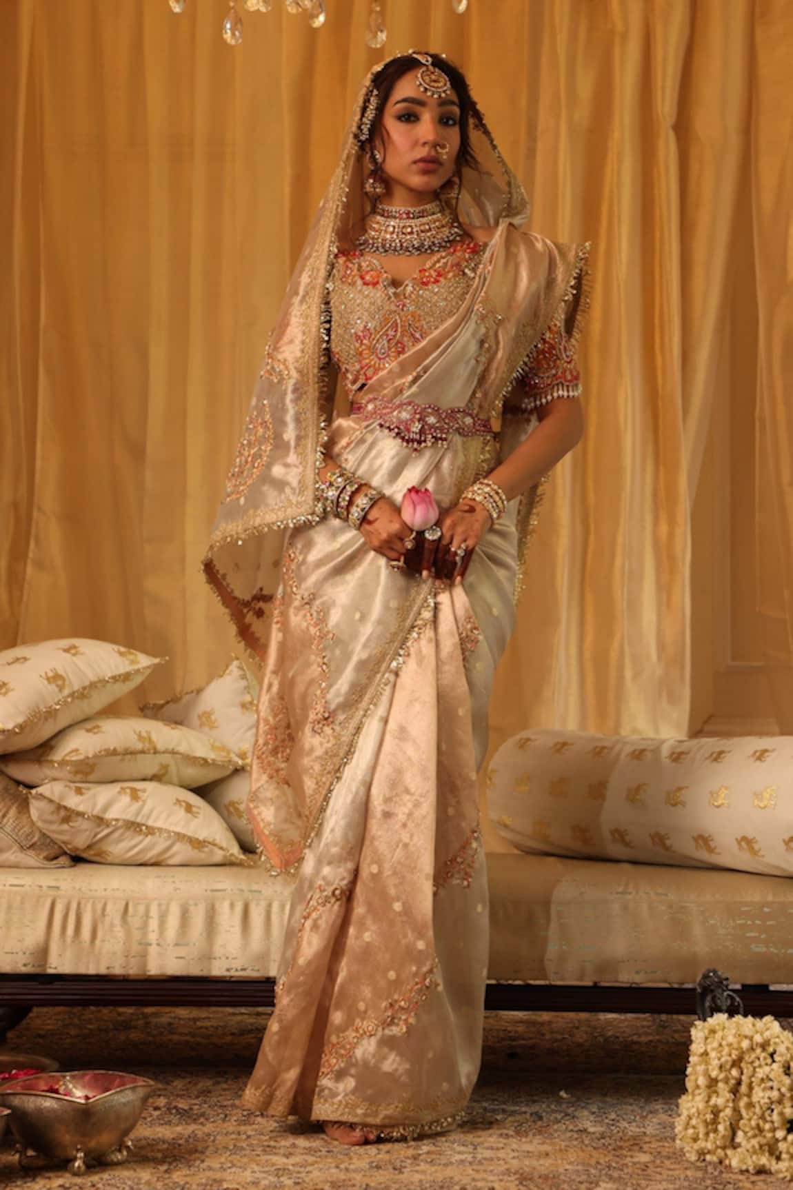Aditi Gupta Rose Gold Zari Tissue Saree Set 
