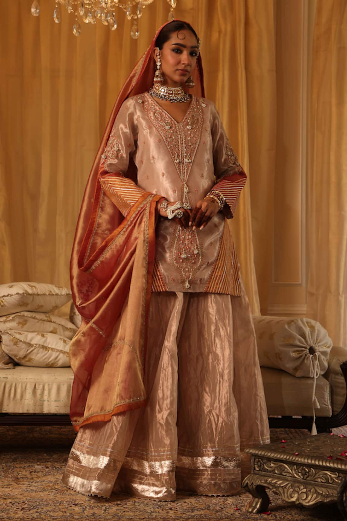Aditi Gupta Rose Gold Chanderi Silk Kurta Sharara Set 