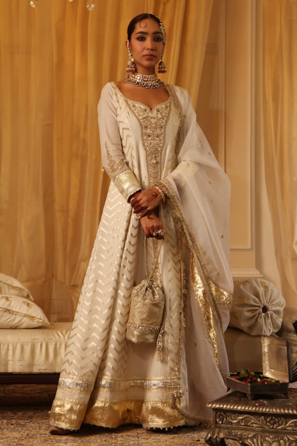 Aditi Gupta Ivory Chanderi Silk Anarkali Set 