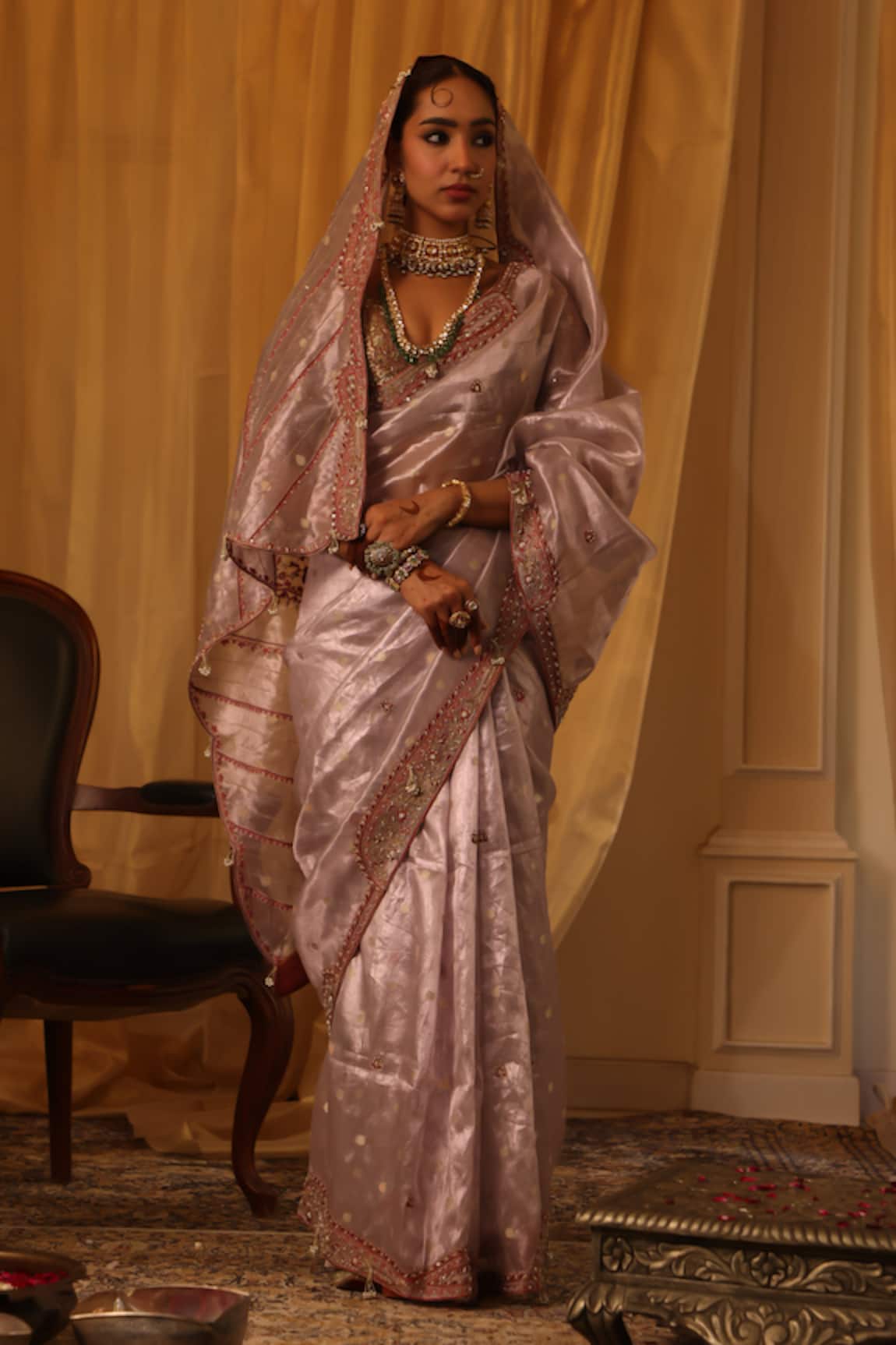 Aditi Gupta Purple Zari Tissue Saree Set 