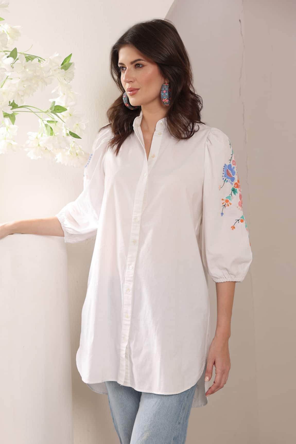 Saaj by Ankita White Tangerine Folklore Embroidered Shirt 