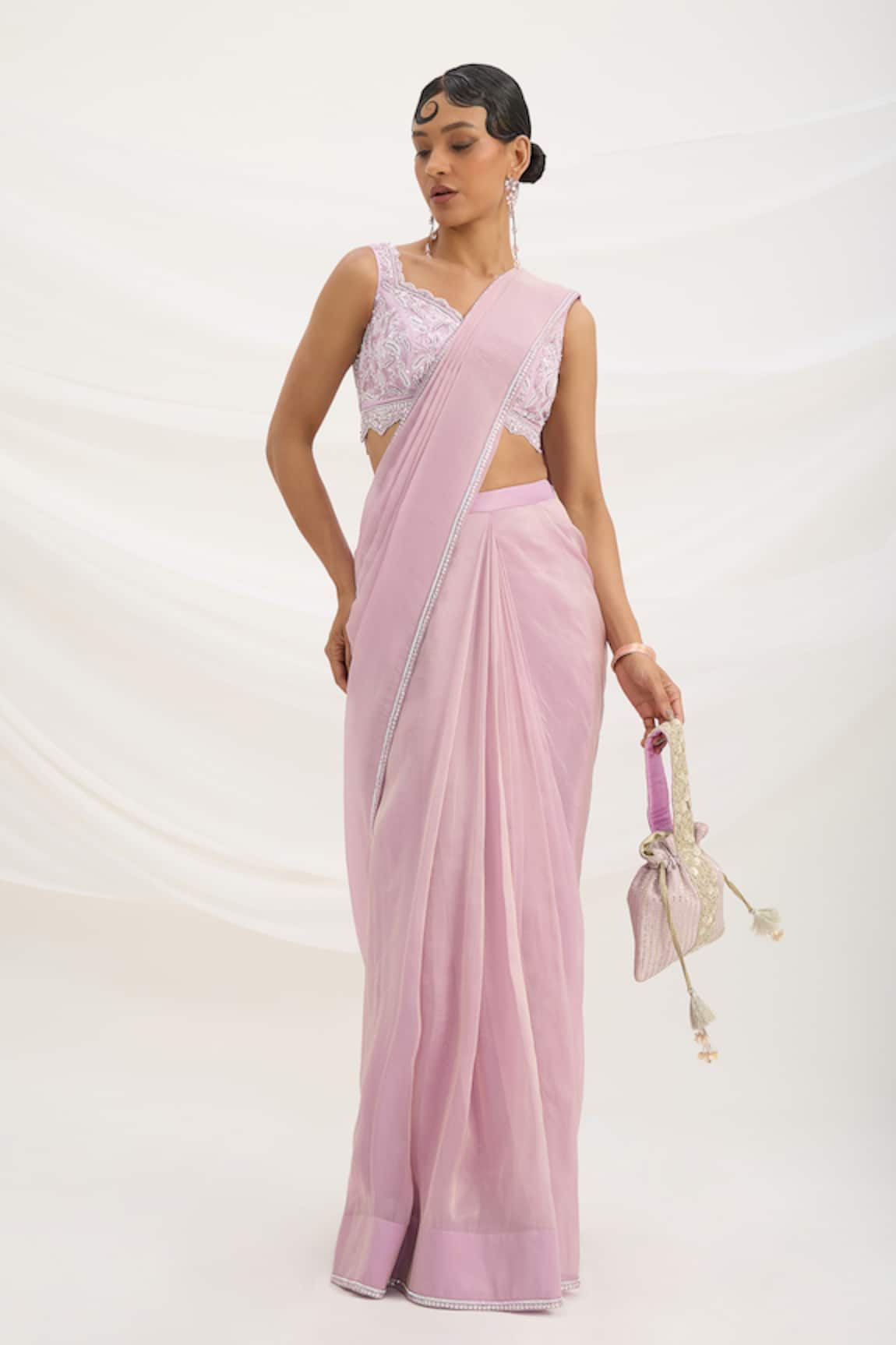 Mirroir Lilac Purple Pre-Draped Saree Set 
