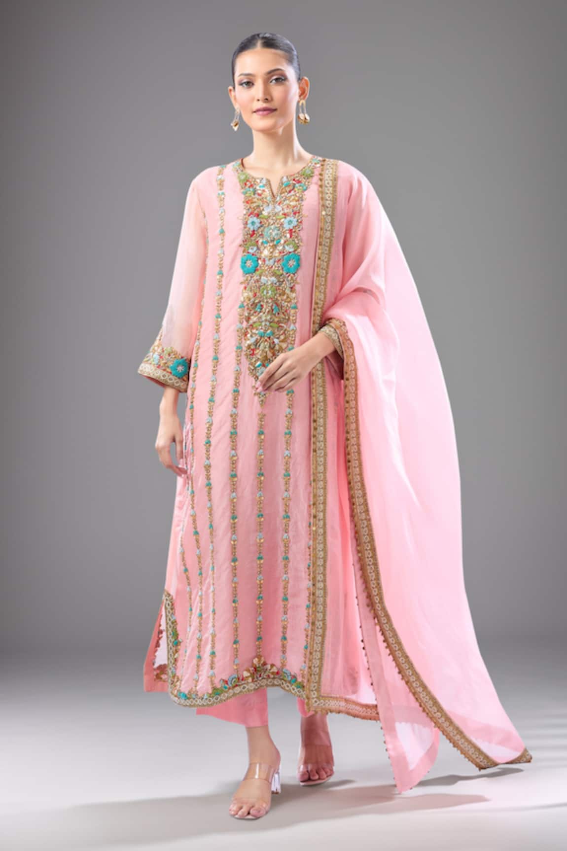 Debyani + CO Floral Embroidered Pink Kurta Set 