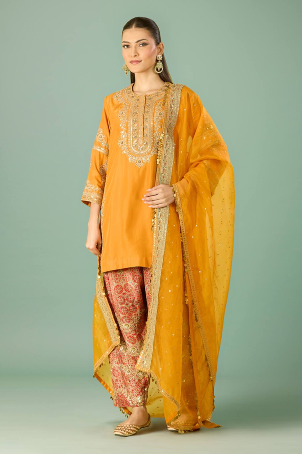 Debyani + Co Embroidered Orange Silk Kurta Set 