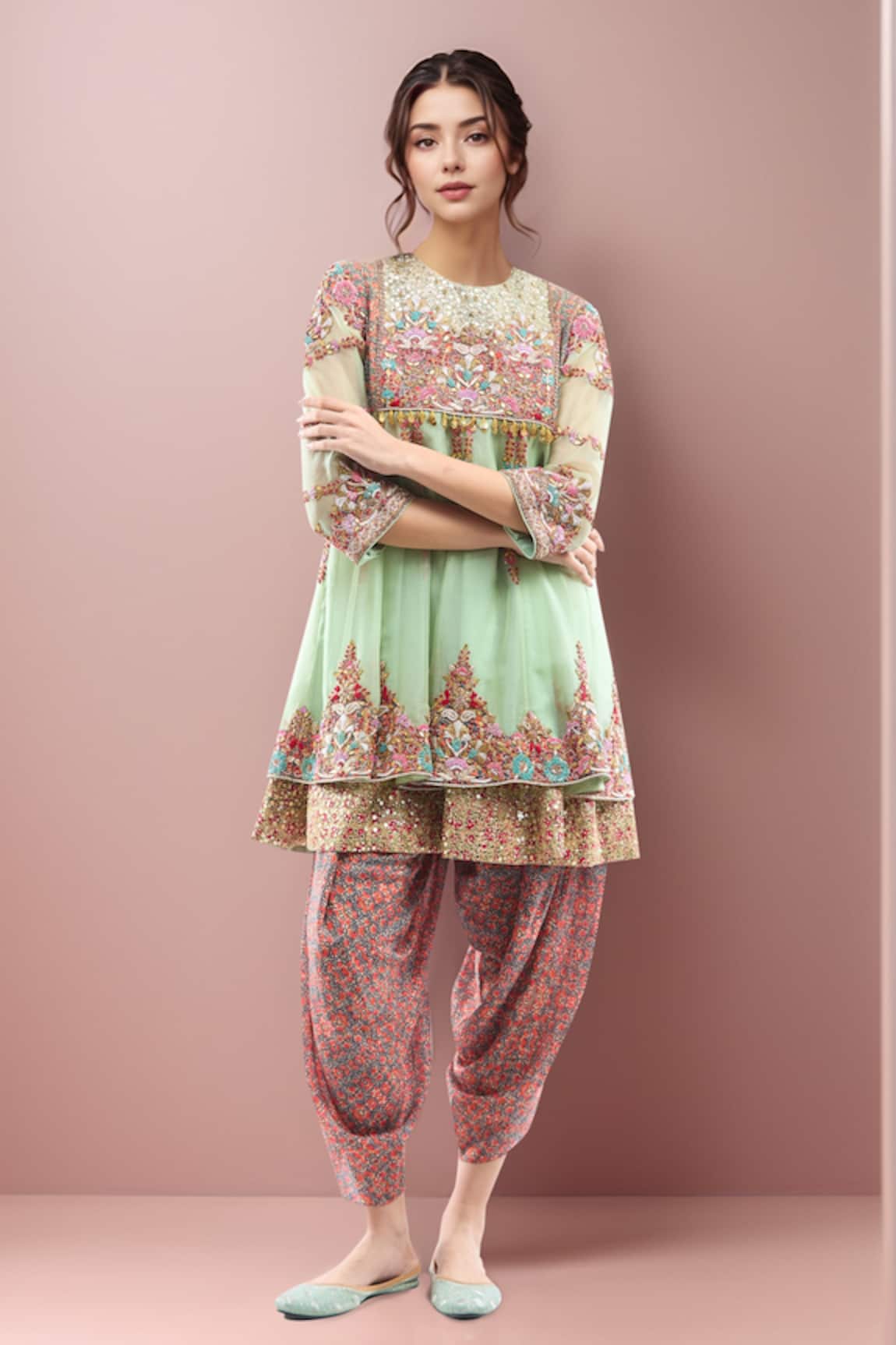 Debyani + Co Pista Green Embroidered Anarkali Set 