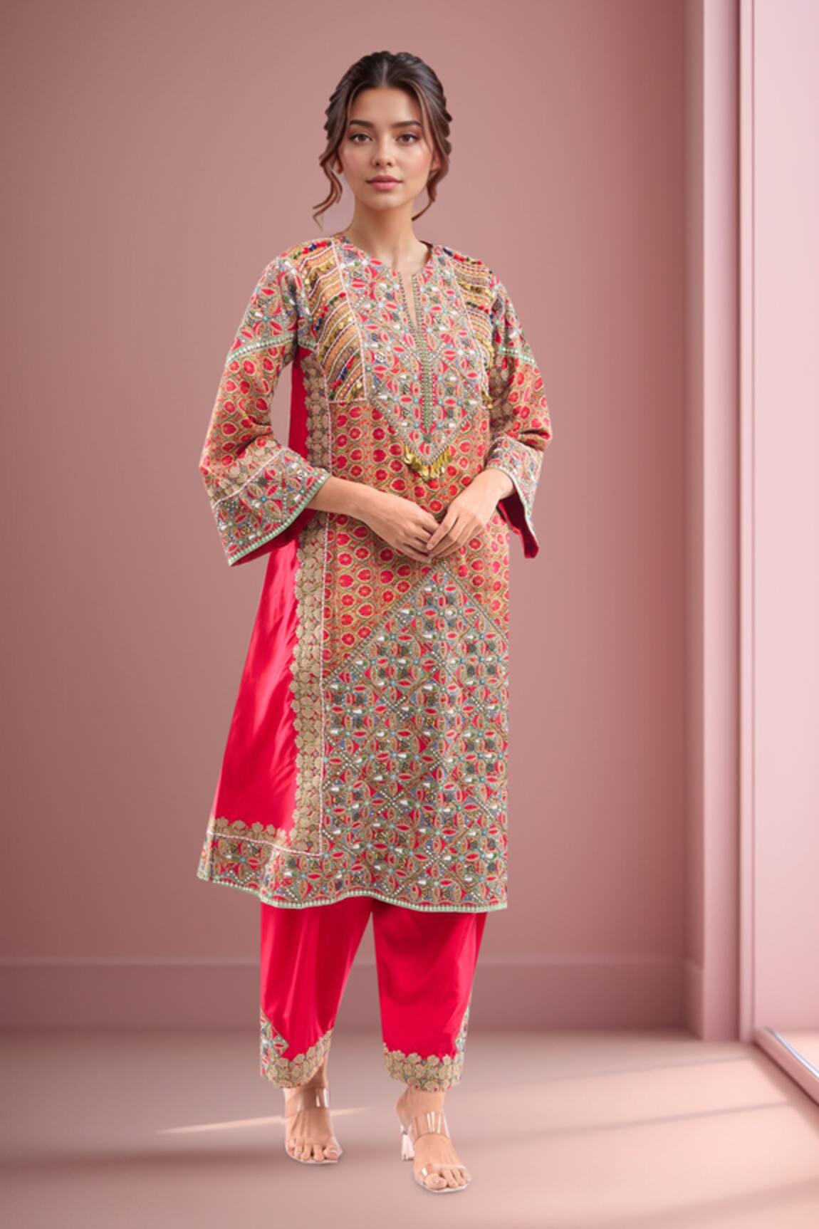 Debyani + Co Red Silk Diamond Choga Kurta Set 
