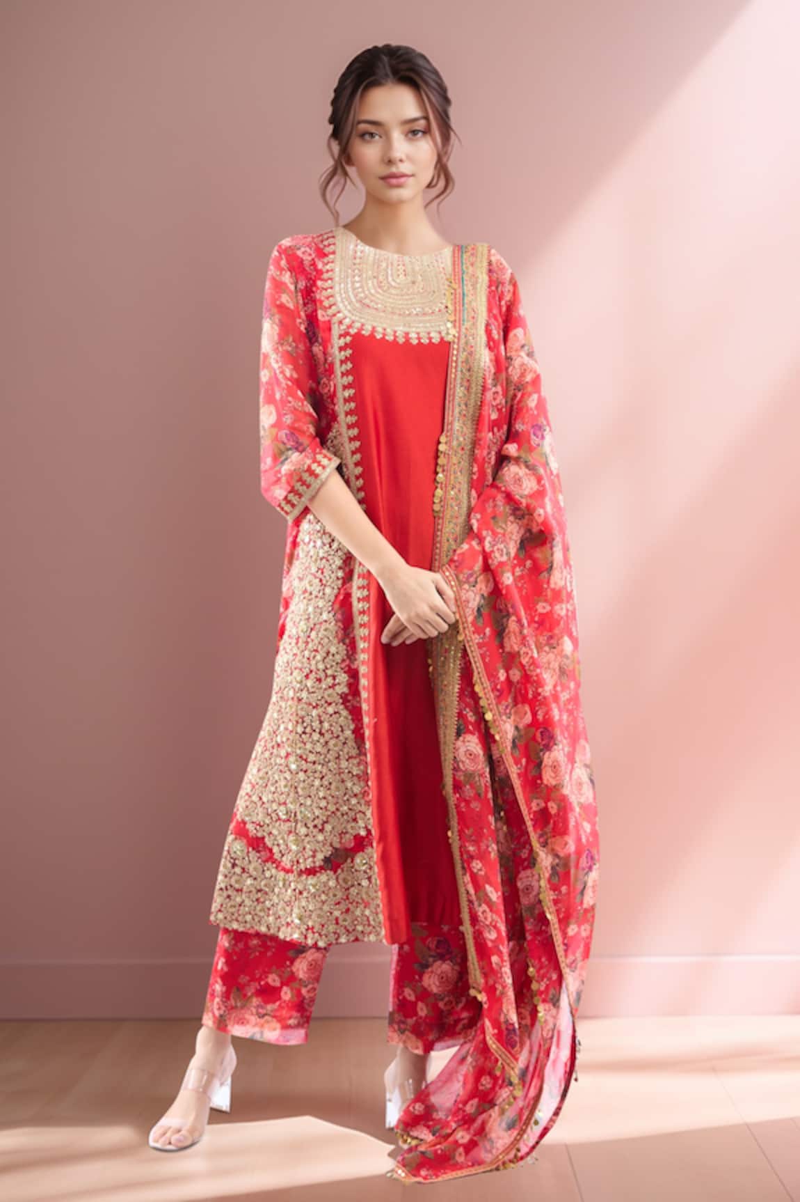 Debyani + Co Red Silk Kurta Set with Dupatta 