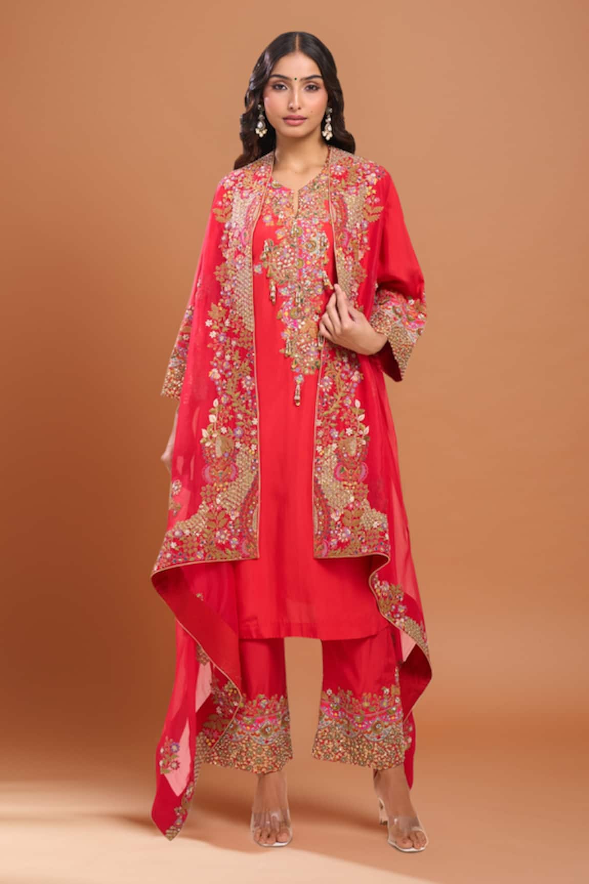 Debyani + Co Red Silk Embroidered Kurta Set 