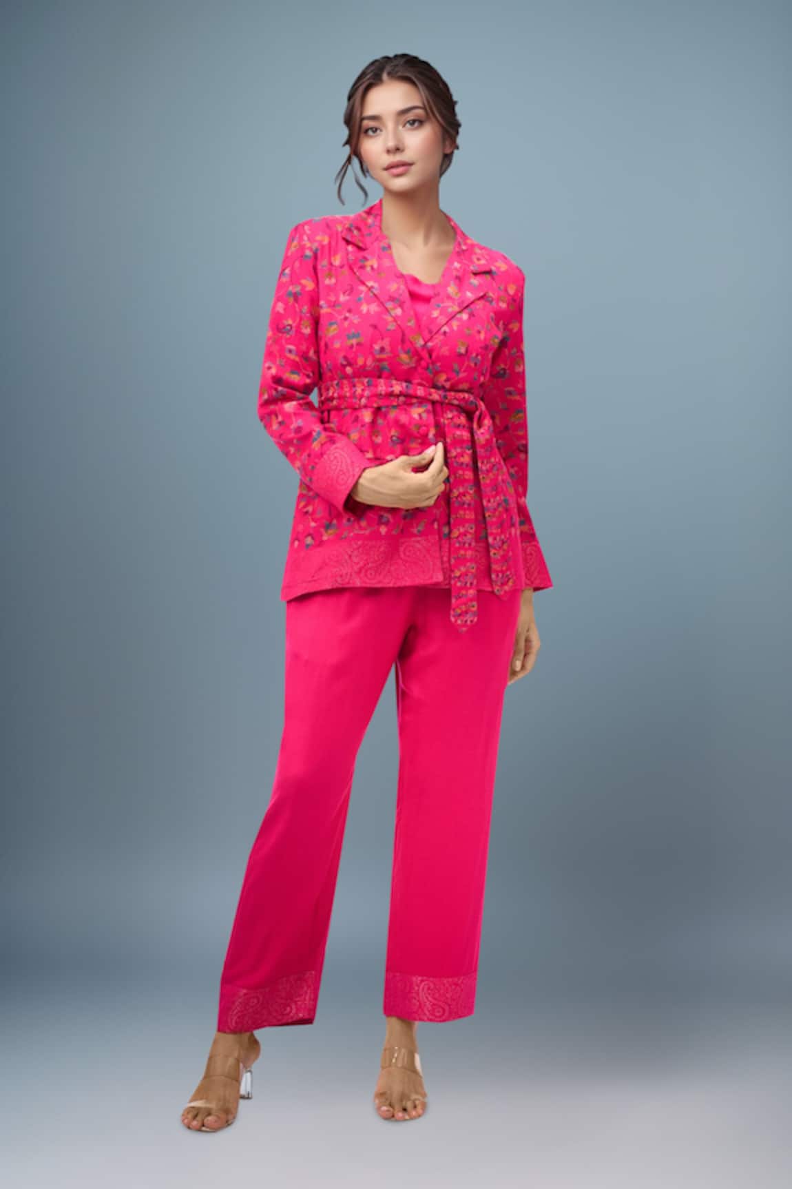 Safaa Floral Print Pink Pant Set 