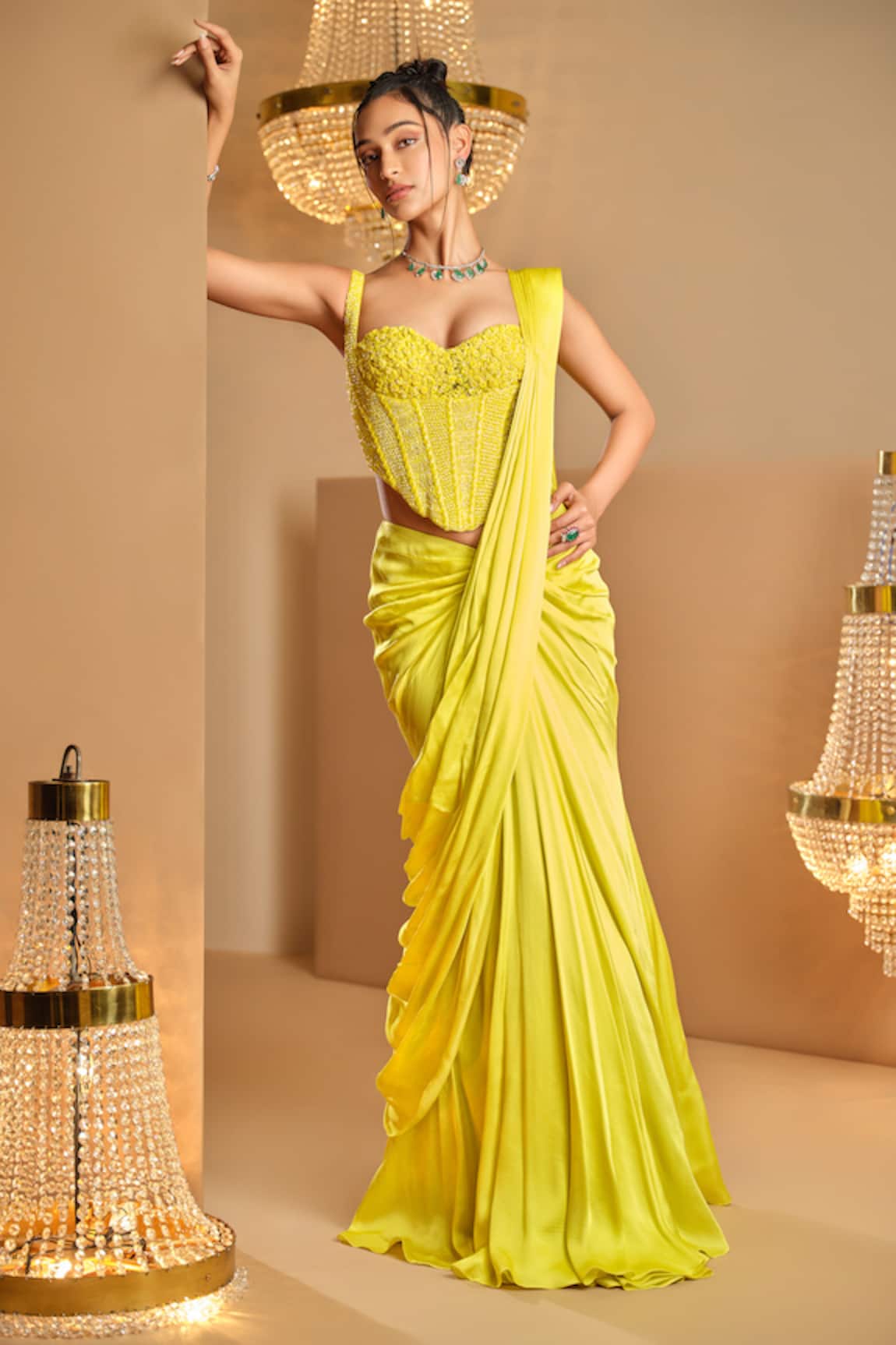K&A By Karishma and Ashita Yellow Net & Satin Pre-Draped Saree Set 
