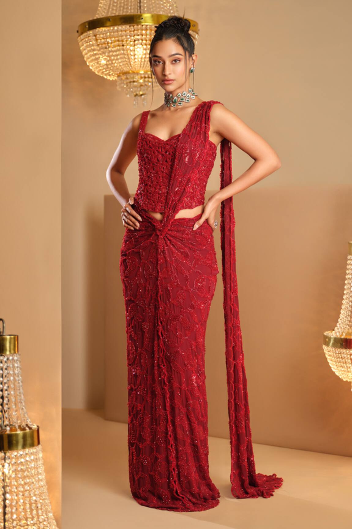 K&A By Karishma and Ashita Dark Red Pre-Draped Saree & Corset Set 
