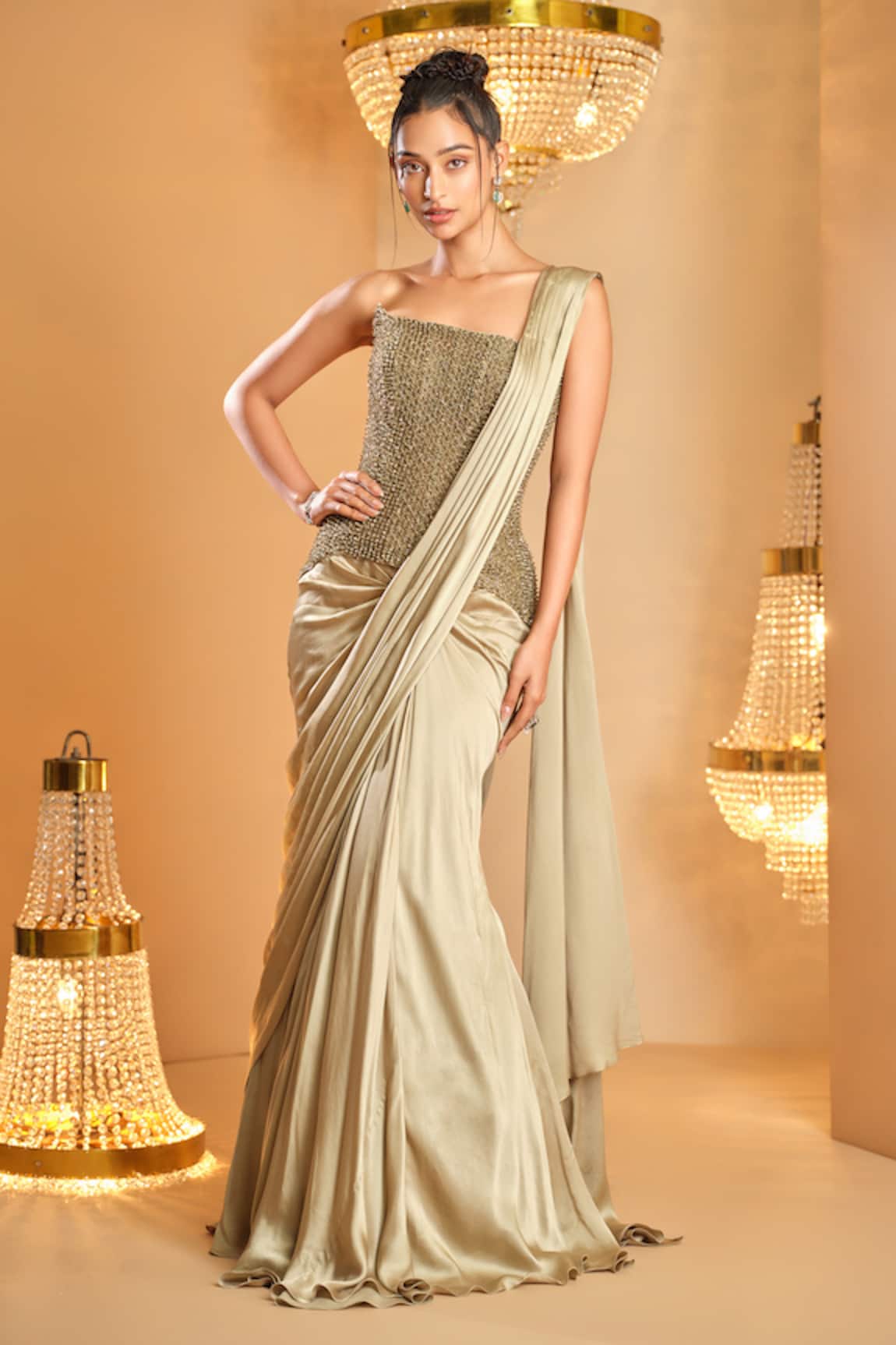 K&A By Karishma and Ashita Sage Green Pre-Draped Saree & Corset Set 