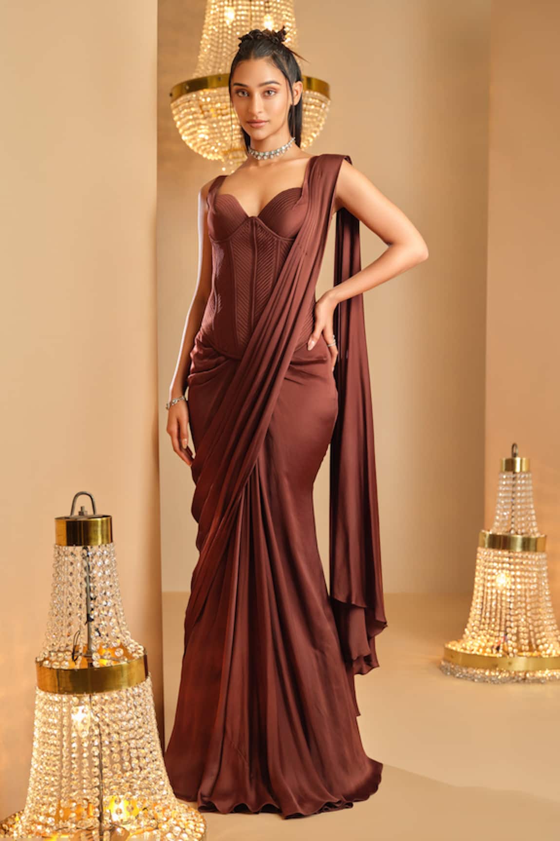 K&A By Karishma and Ashita Brown Satin Pre-Draped Saree & Corset 