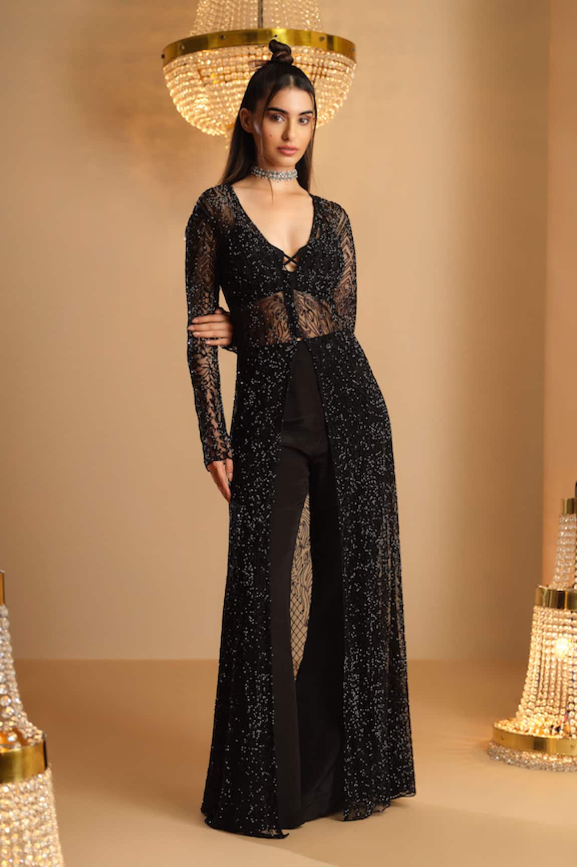 K&A By Karishma and Ashita Black Net & Crepe Jacket Pant Set 
