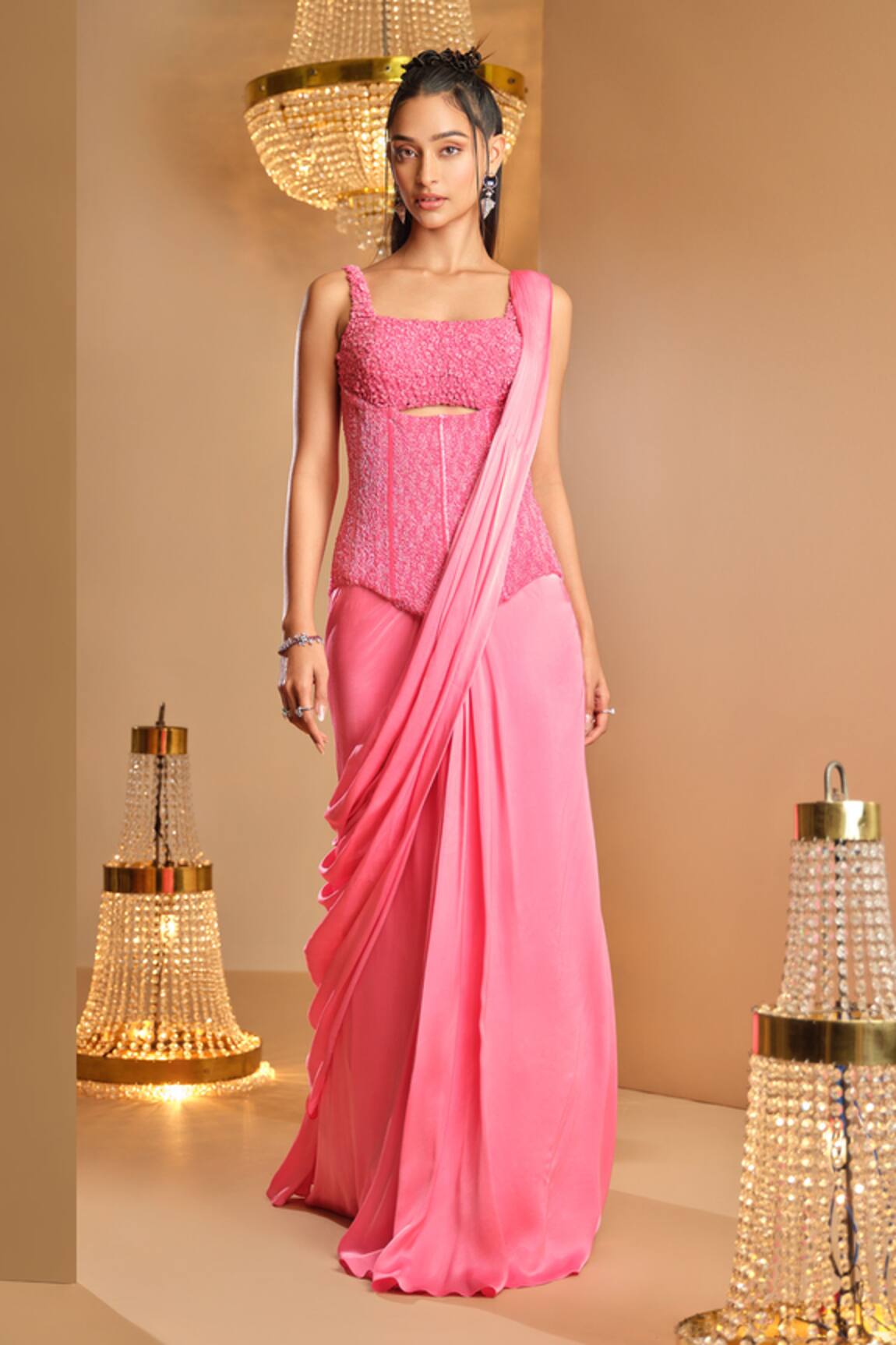 K&A By Karishma and Ashita Pink Pre-Draped Saree With Corset 