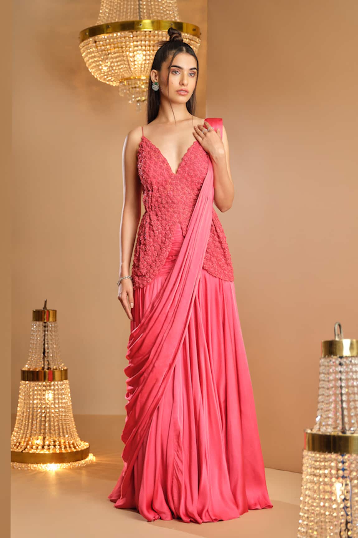 K&A By Karishma and Ashita Pink Pre-Draped Saree & Corset Set 