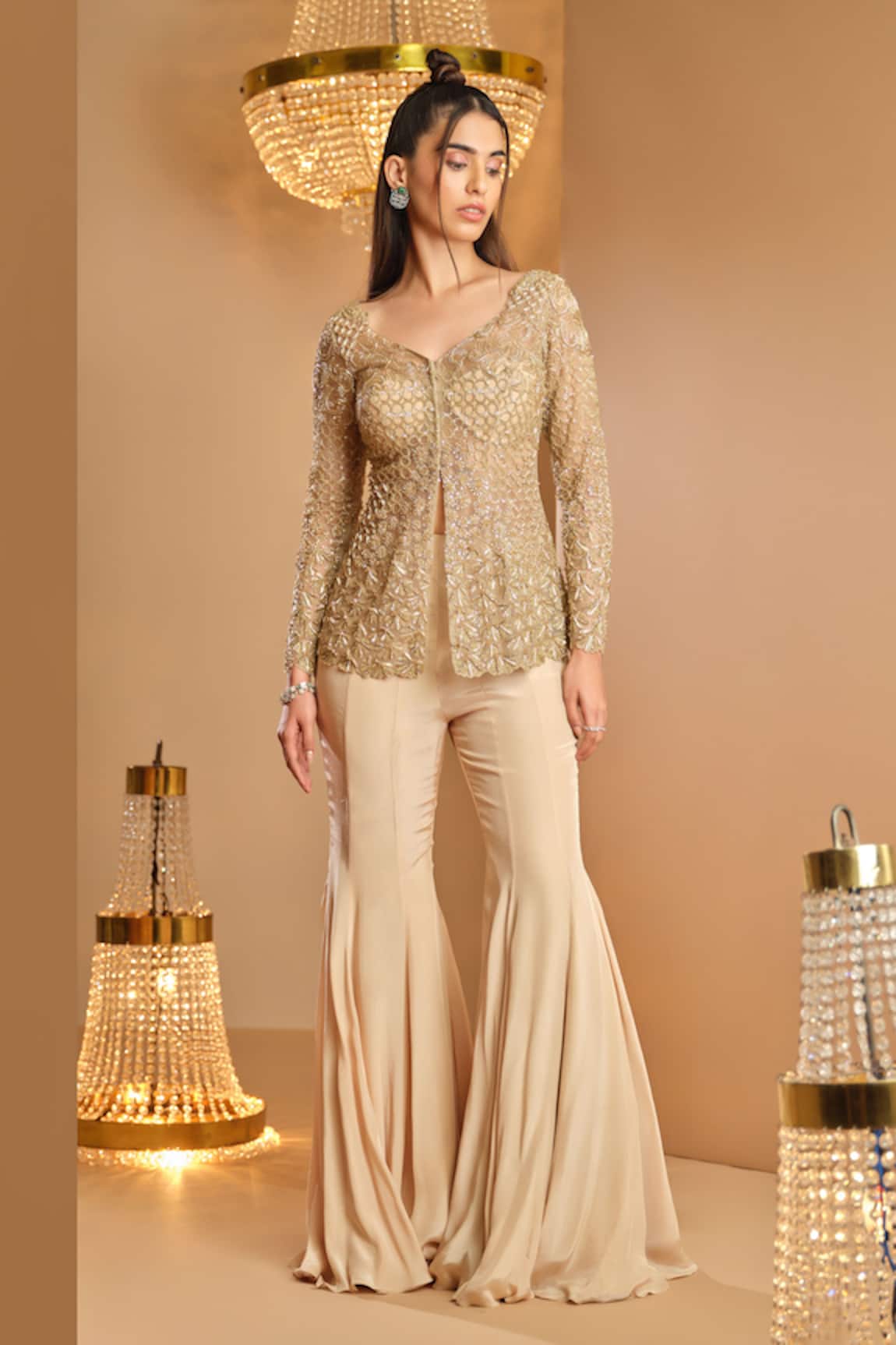 K&A By Karishma and Ashita Gold Net Embellished Jacket & Sharara Set 