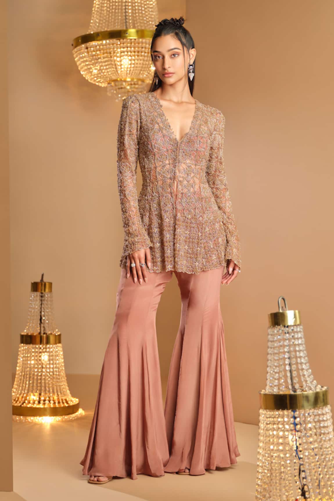 K&A By Karishma and Ashita Brown Net & Crepe Jacket Sharara Set 