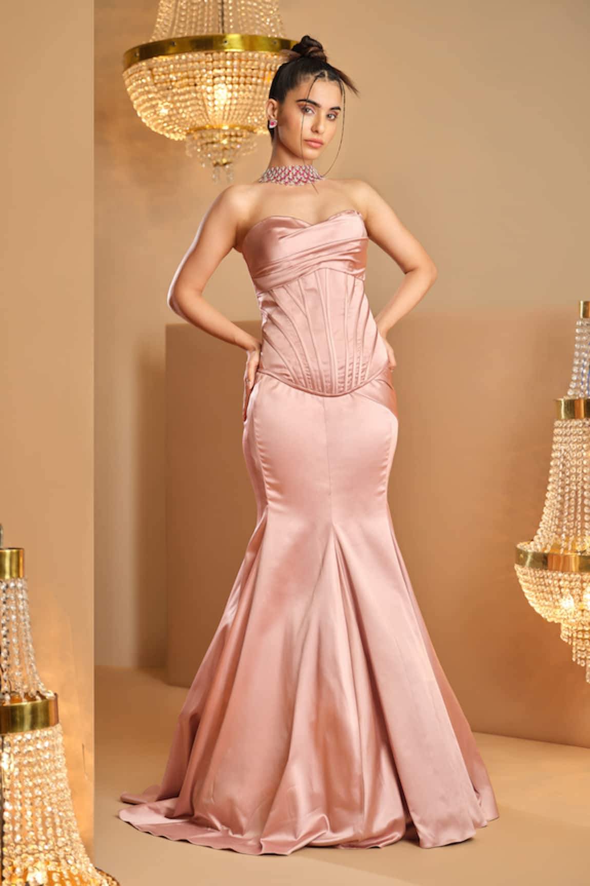 K&A By Karishma and Ashita Pink Satin Corset & Skirt Set 
